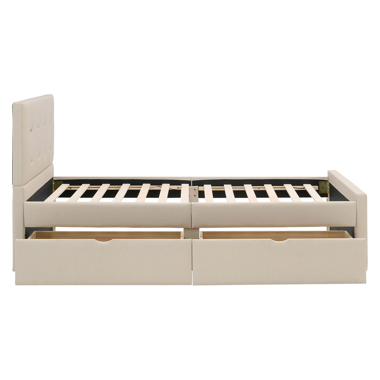 Upholstered bed 90x200 cm beige | with slatted frame | with 2 bed drawers | single fabric bed frame