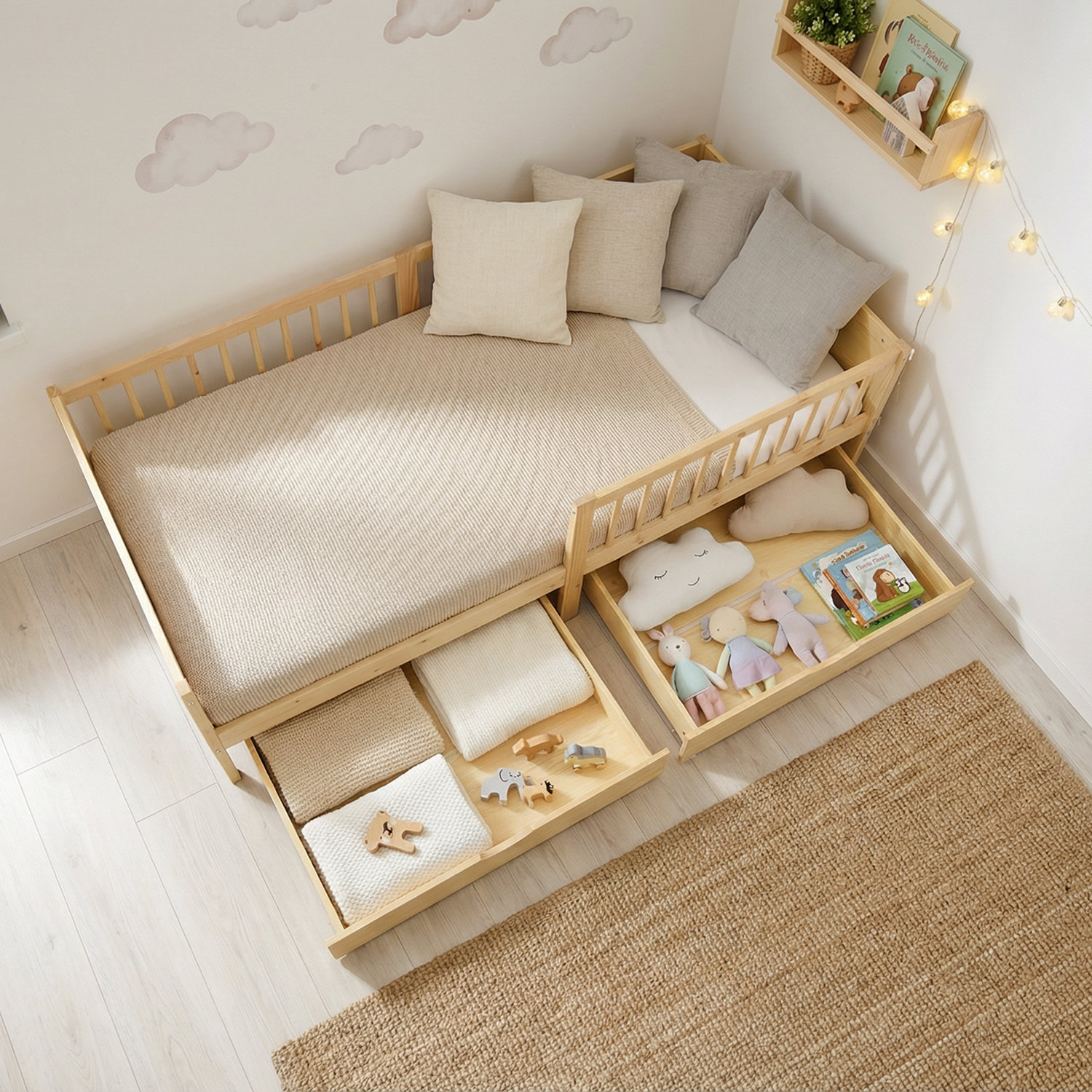Children's Bed 90x200 cm Natural | Wooden bed with 2 drawers | Single Bed | with Slatted Frame | Fall Protection