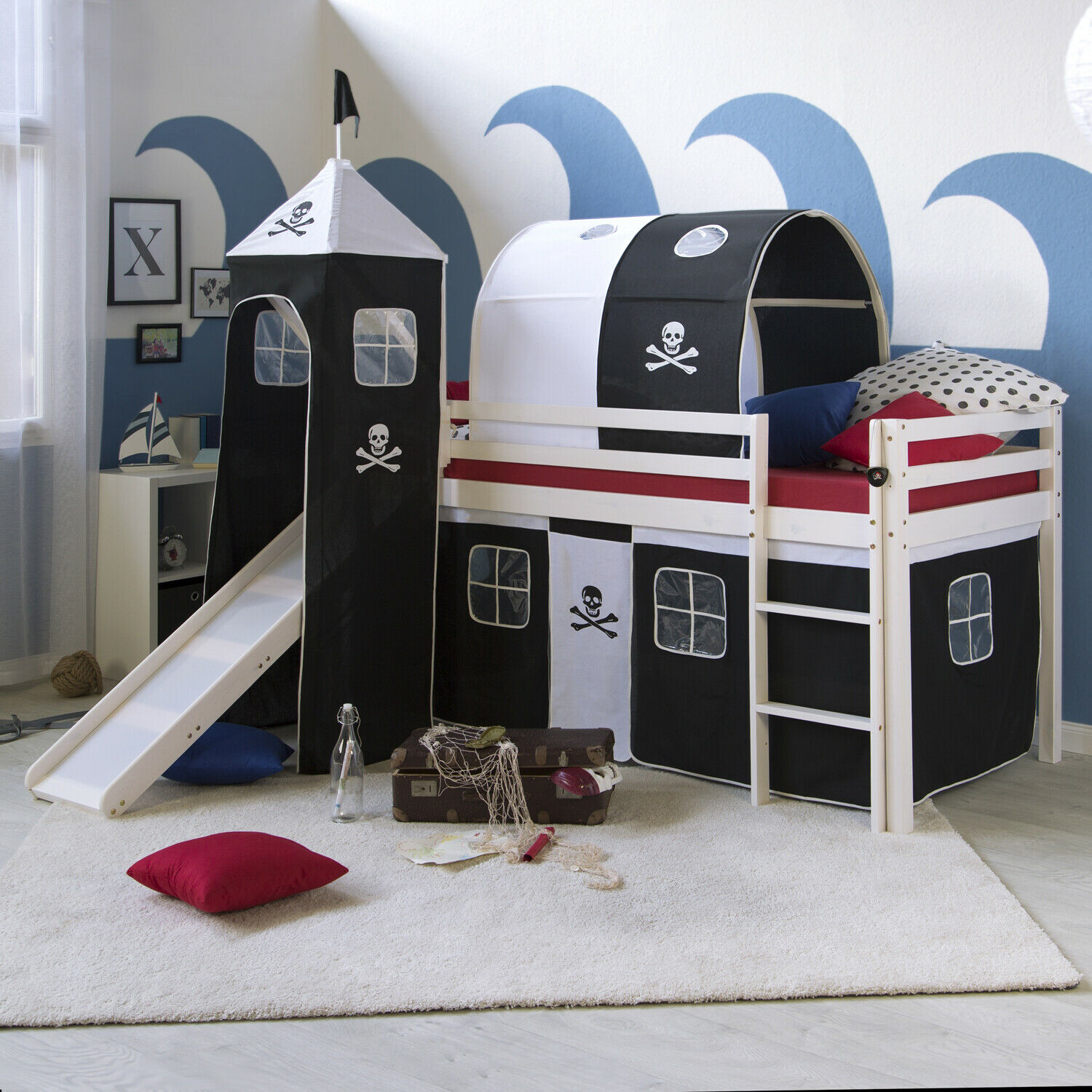 Loft Bed Kids 90x200 cm White with Curtain Black | Tunnel | Tower | Slide | without Slatted Frame