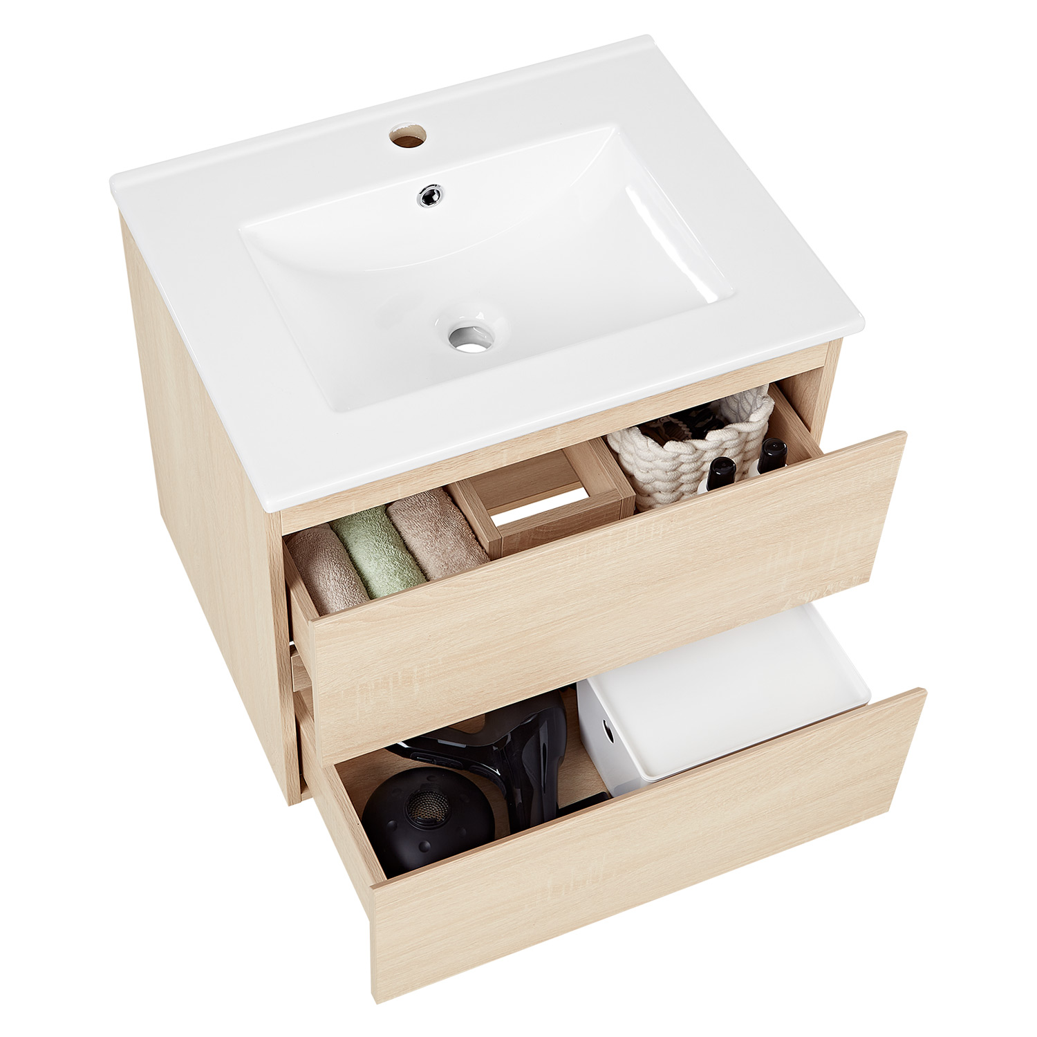 Bathroom cabinet 60 cm Natural Wood Oak Storage Vanity unit Bathroom furniture Sink unit Washroom wall cabinet 