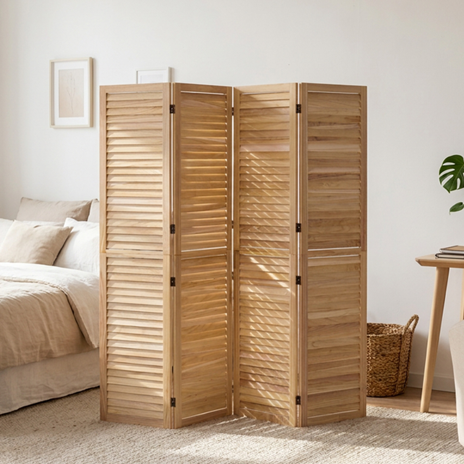 4-Panel "Natur" Folding Screen – Wooden Room Divider & Privacy Screen with Slats