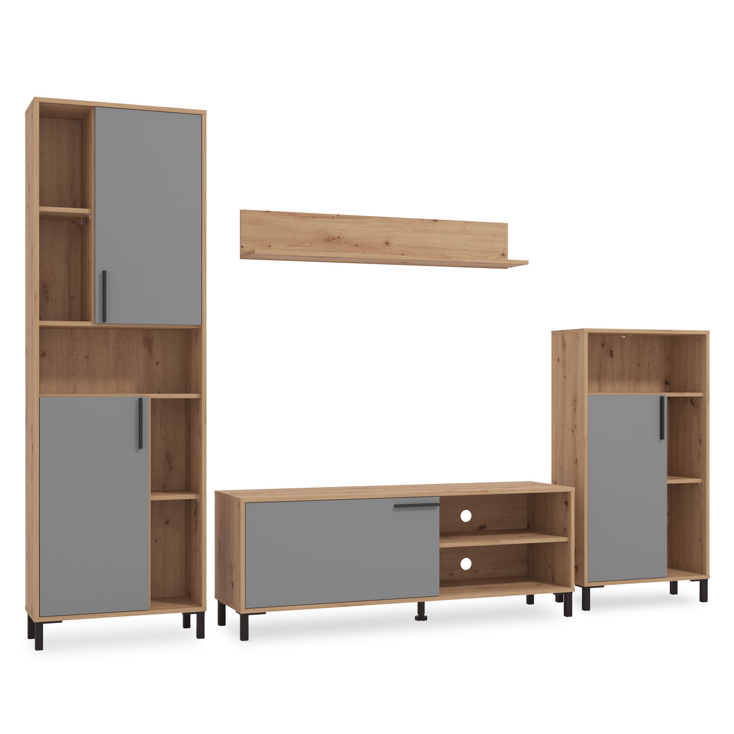 Modern living room unit 4 part cupboard set white grey wall unit wood oak TV set with storage entertainment center