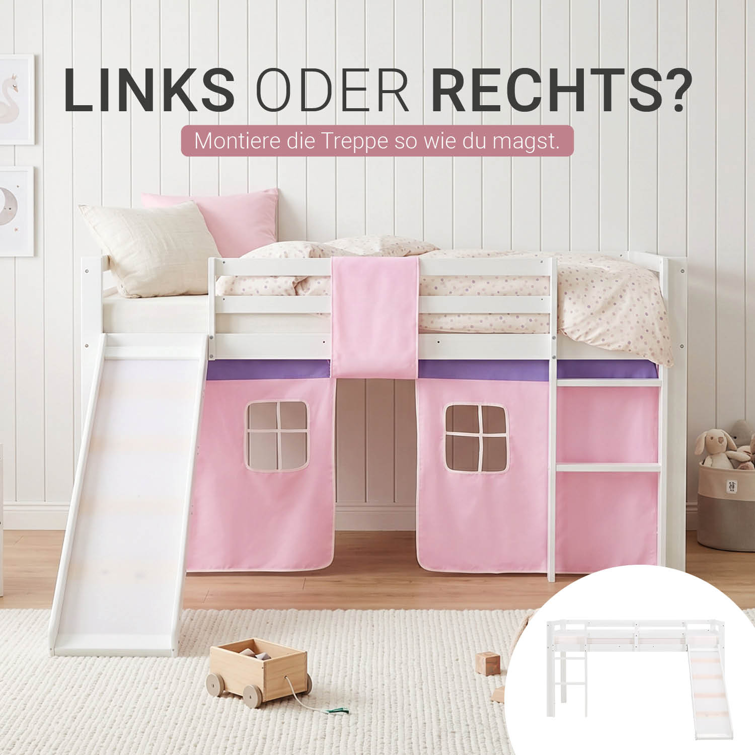 Children's Loft Bed 90x200 cm White with Pink Curtain | Slide | Includes Slatted Base | Includes Mattress