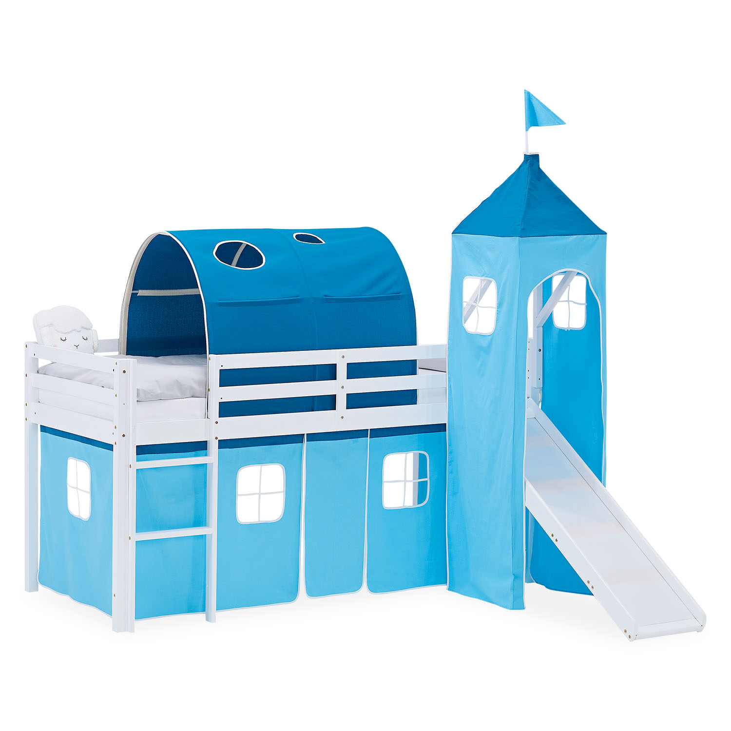 Loft Bed for Kids 90x200 cm White with Curtain in Blue | Slide | Tower | Tunnel | without Slatted Frame