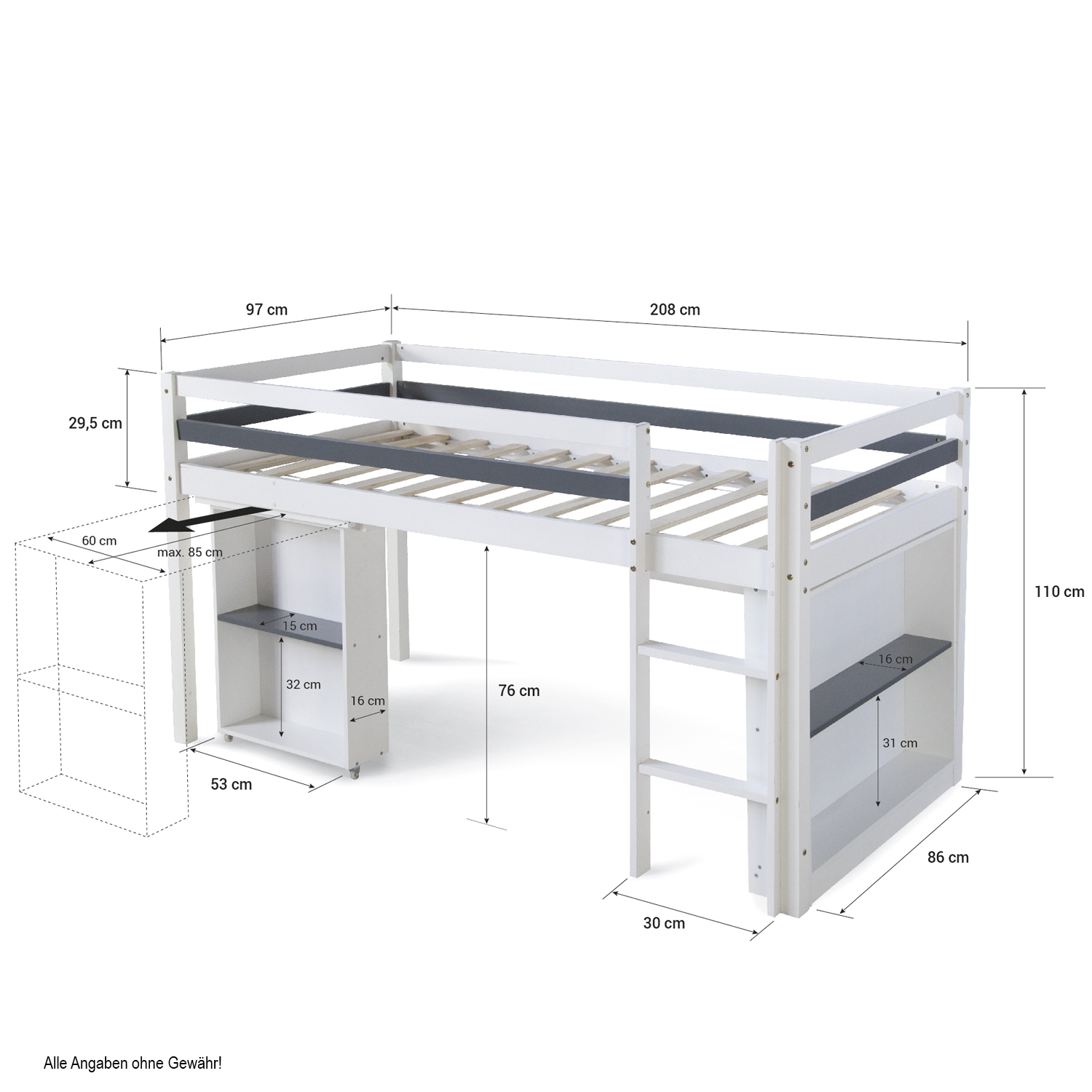 Children's Loft Bed 90x200 cm, White, with Desk | with Shelving | with Slatted Base