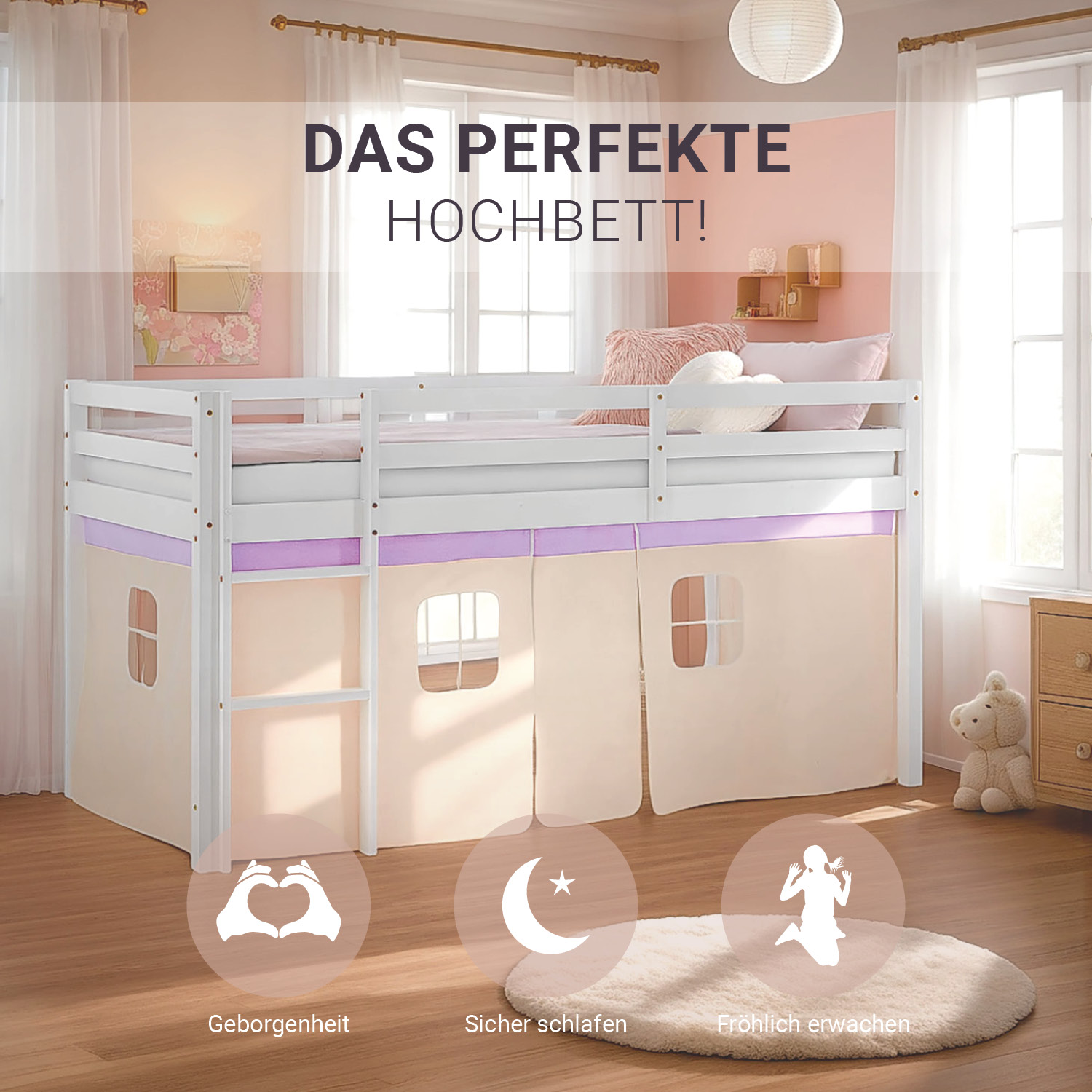 Loft Bed for Kids 90x200 cm White with Curtain in Lilac Beige | with Slatted Frame and Mattress