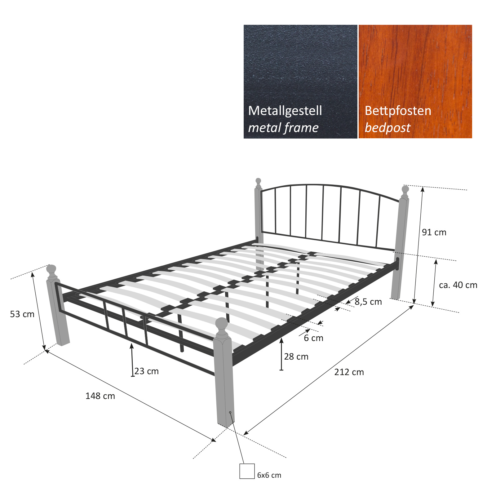 Lit métallique 140 160 180 avec sommier à lattes cadre de lit double châssis de lit noir brun bois