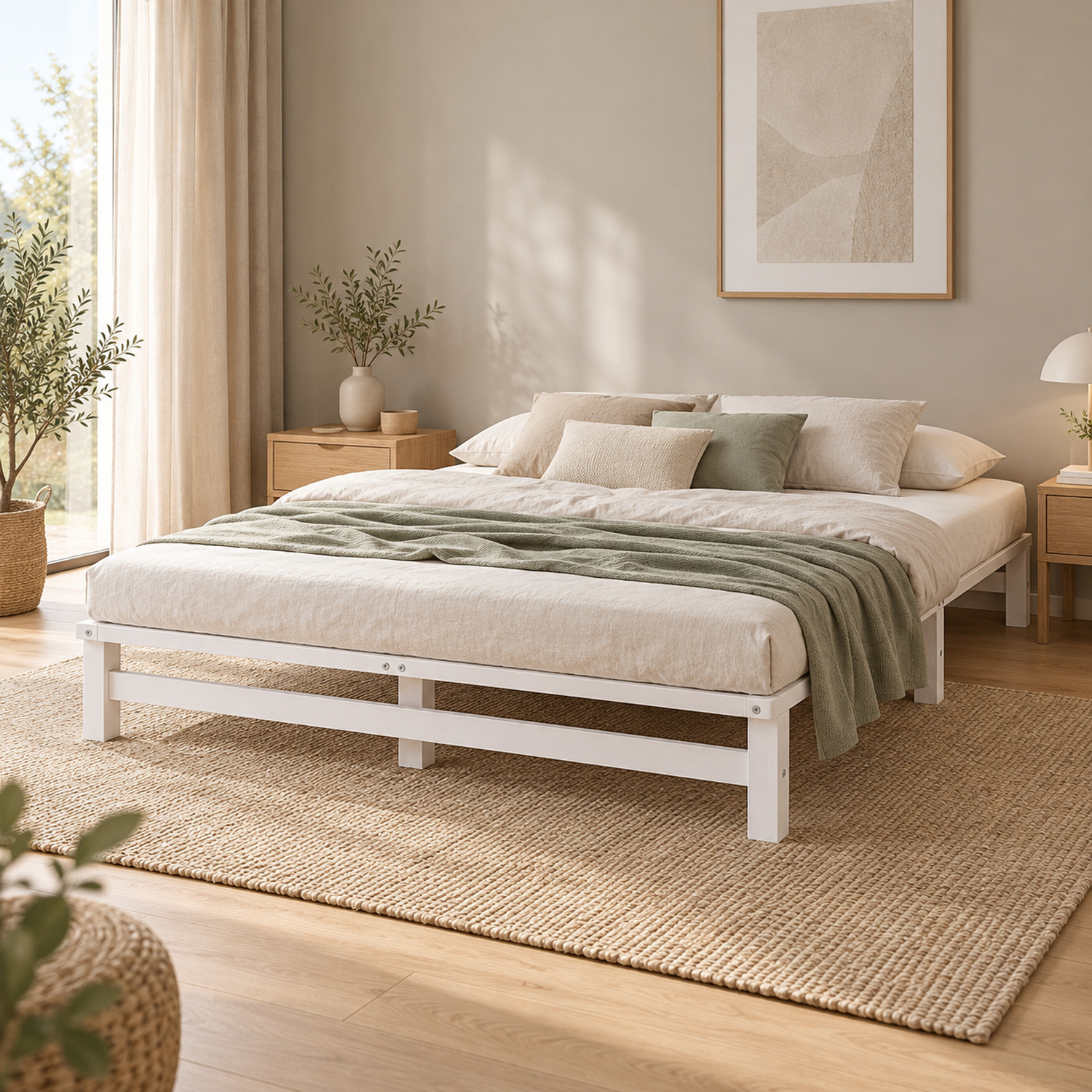 160x200 cm White Pallet Bed – Wooden Double Bed with 2 Mattress & Slatted Base for Teen Rooms, Guest Rooms, and Bedrooms