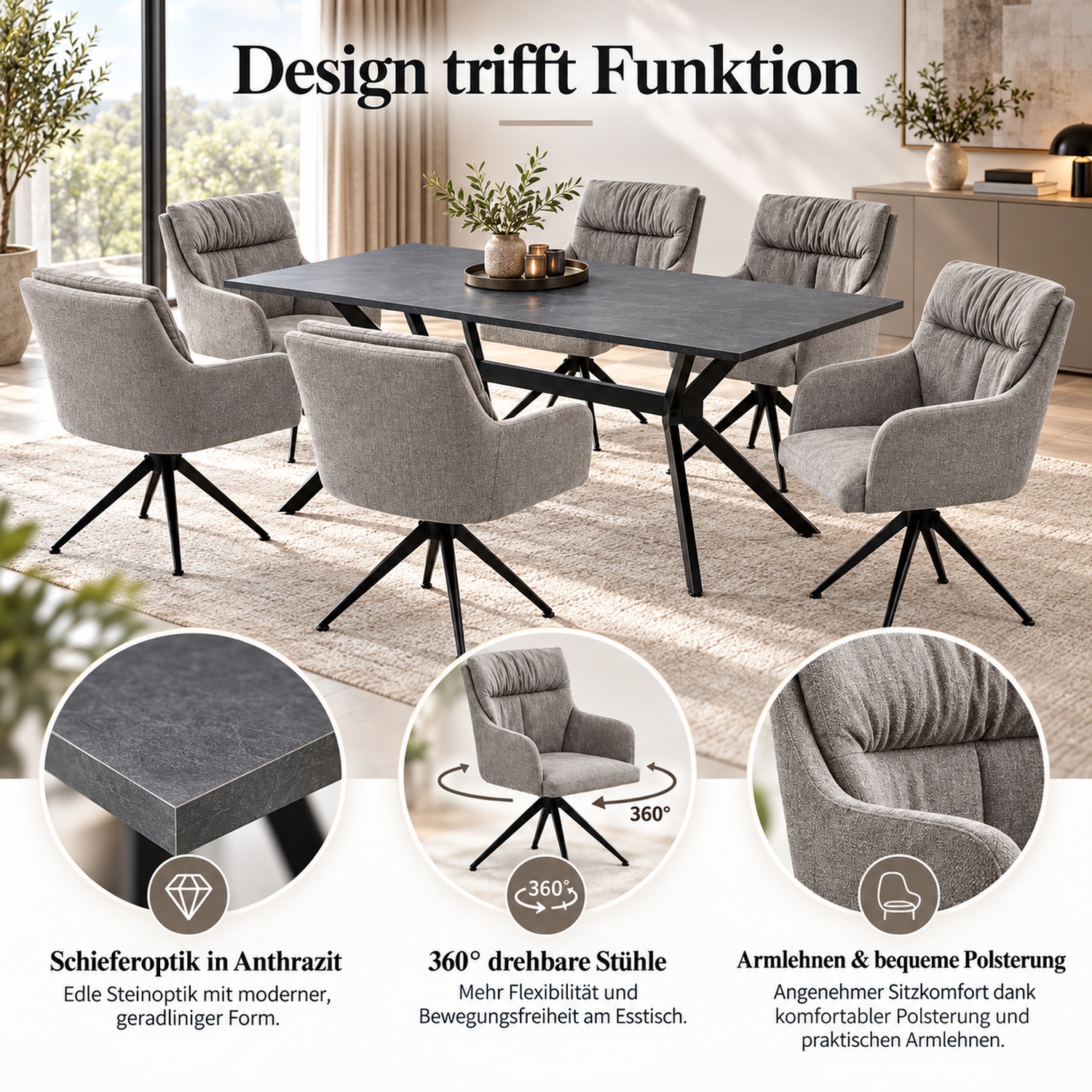 7-piece dining set: swivel upholstered chairs in gray with armrests & anthracite dining table (180 x 90 cm) with metal frame