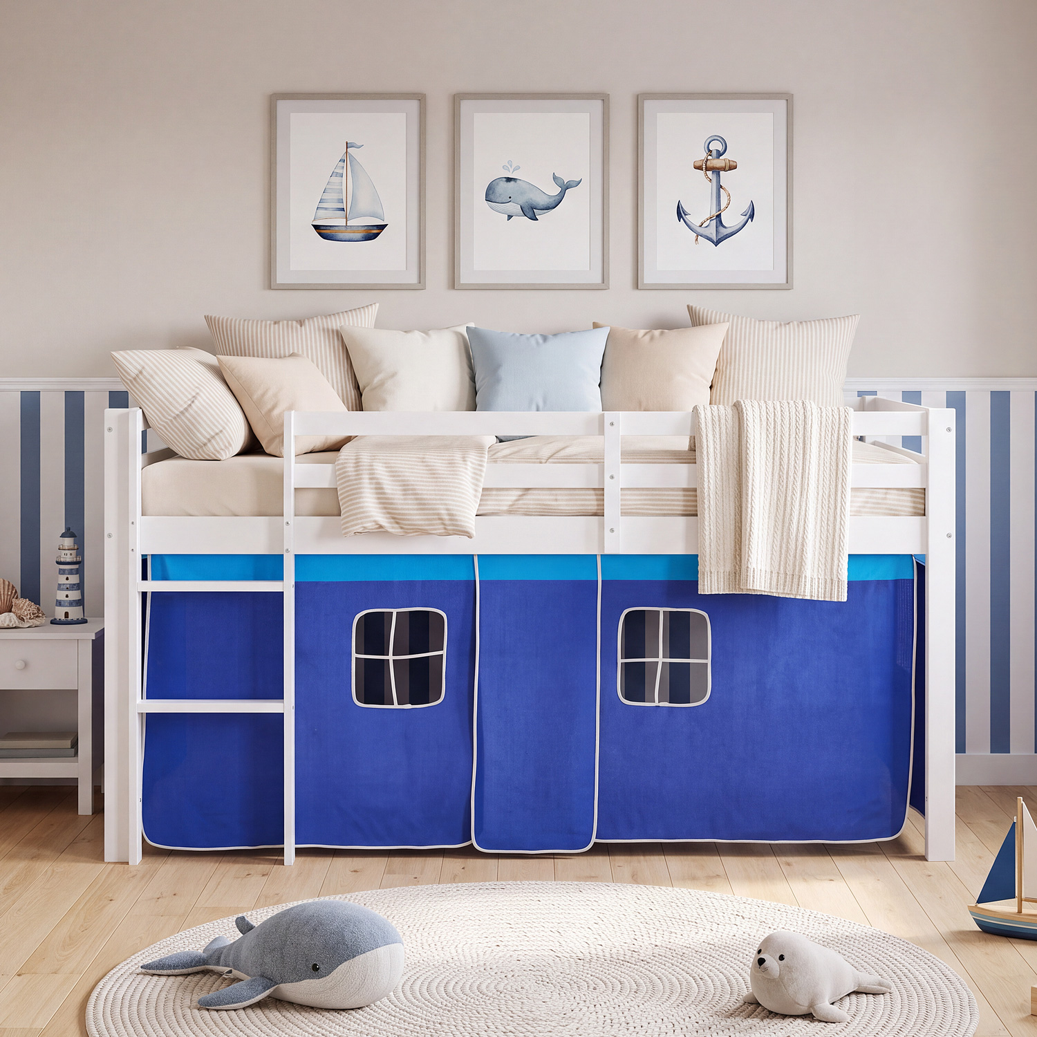 Children's loft bed, 90x200 cm, white with blue curtain | without slatted frame