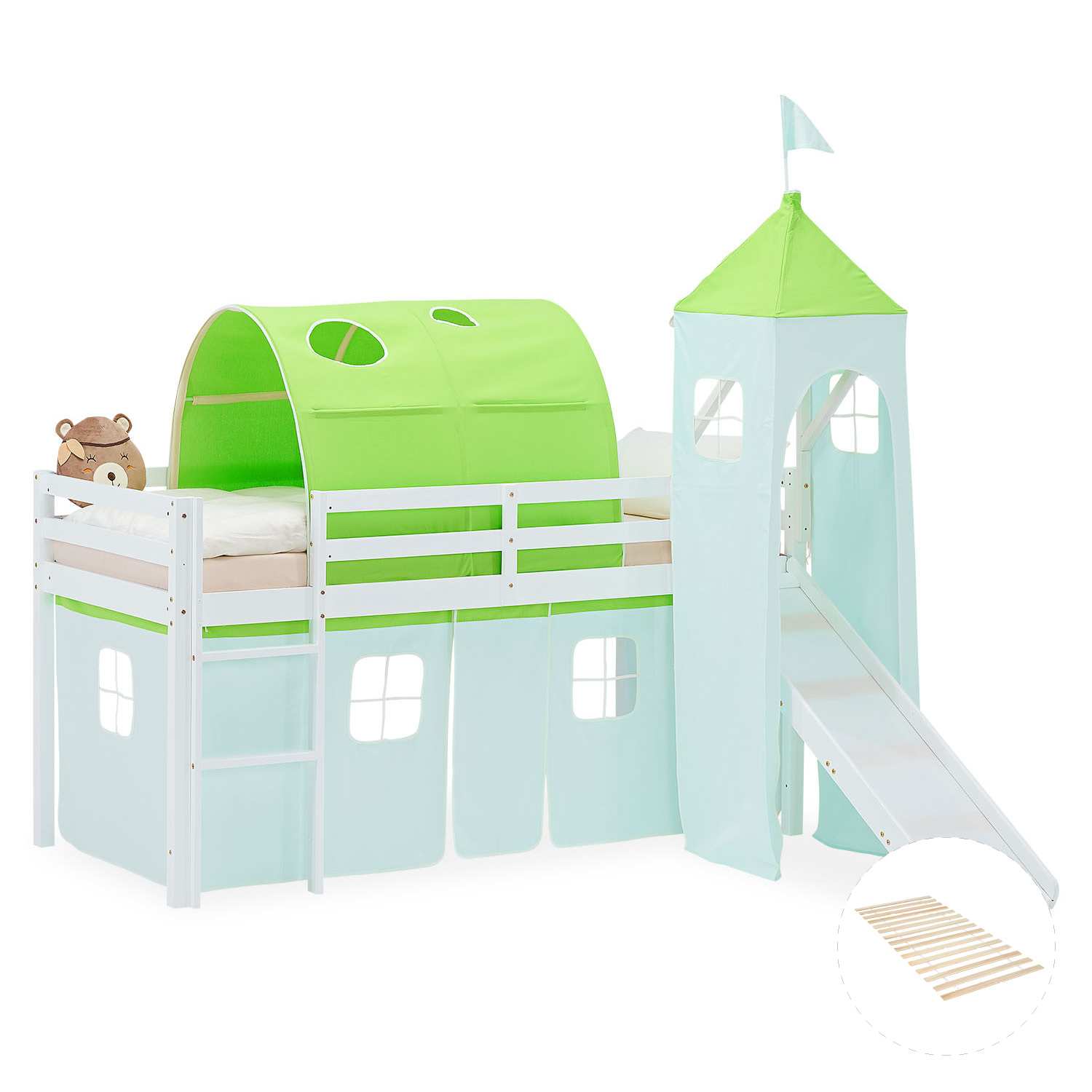 Loft Bed for Kids 90x200 cm White with Curtain in Green | Slide | Tower | Tunnel | with Slatted Frame