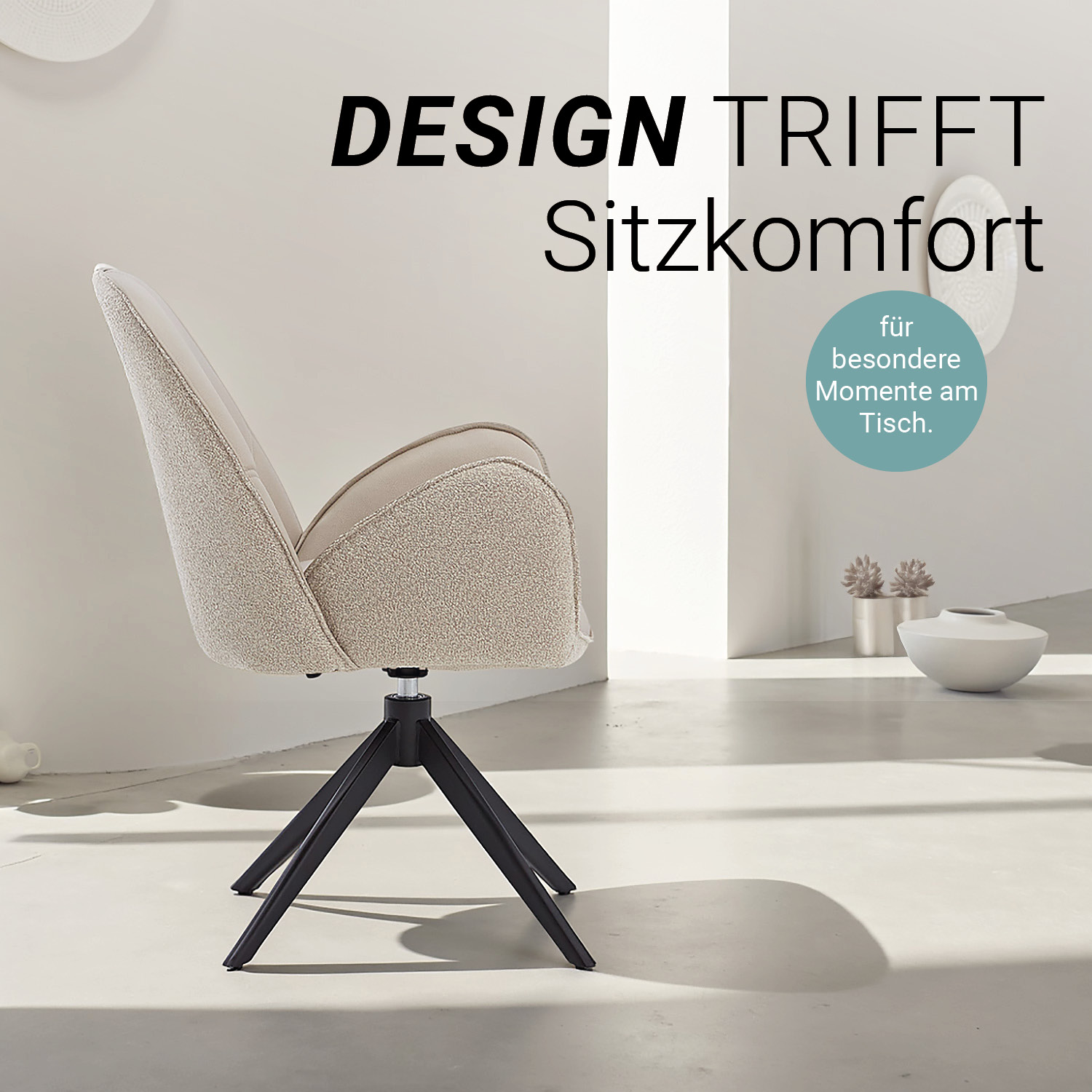 Upholstered Chair Bouclé Leather Beige | single | swivel | with Armrests | Kitchen Dining Room Office