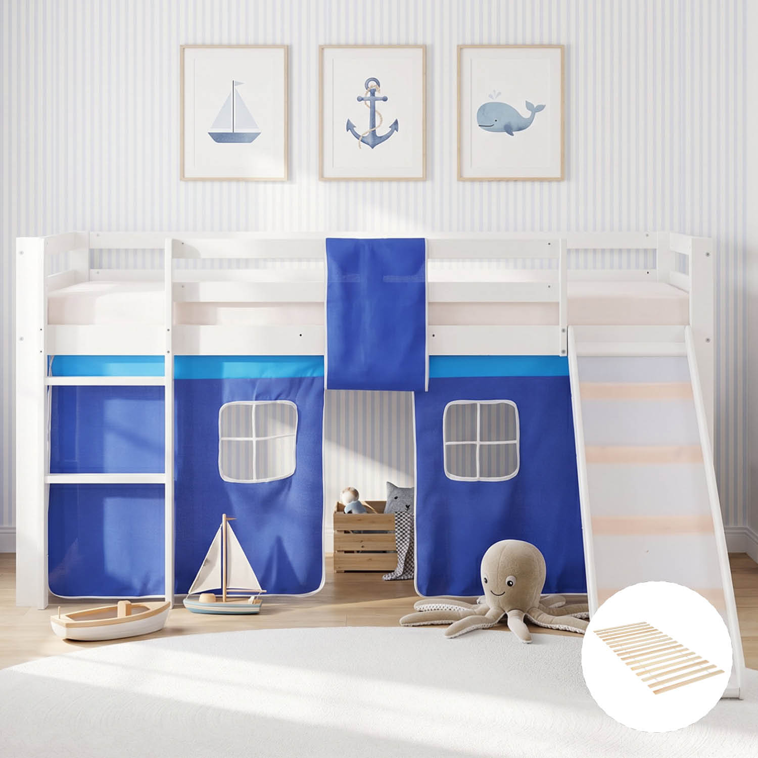 Children's Loft Bed 90x200 cm, White with Blue Curtain | Slide | Includes Slatted Base