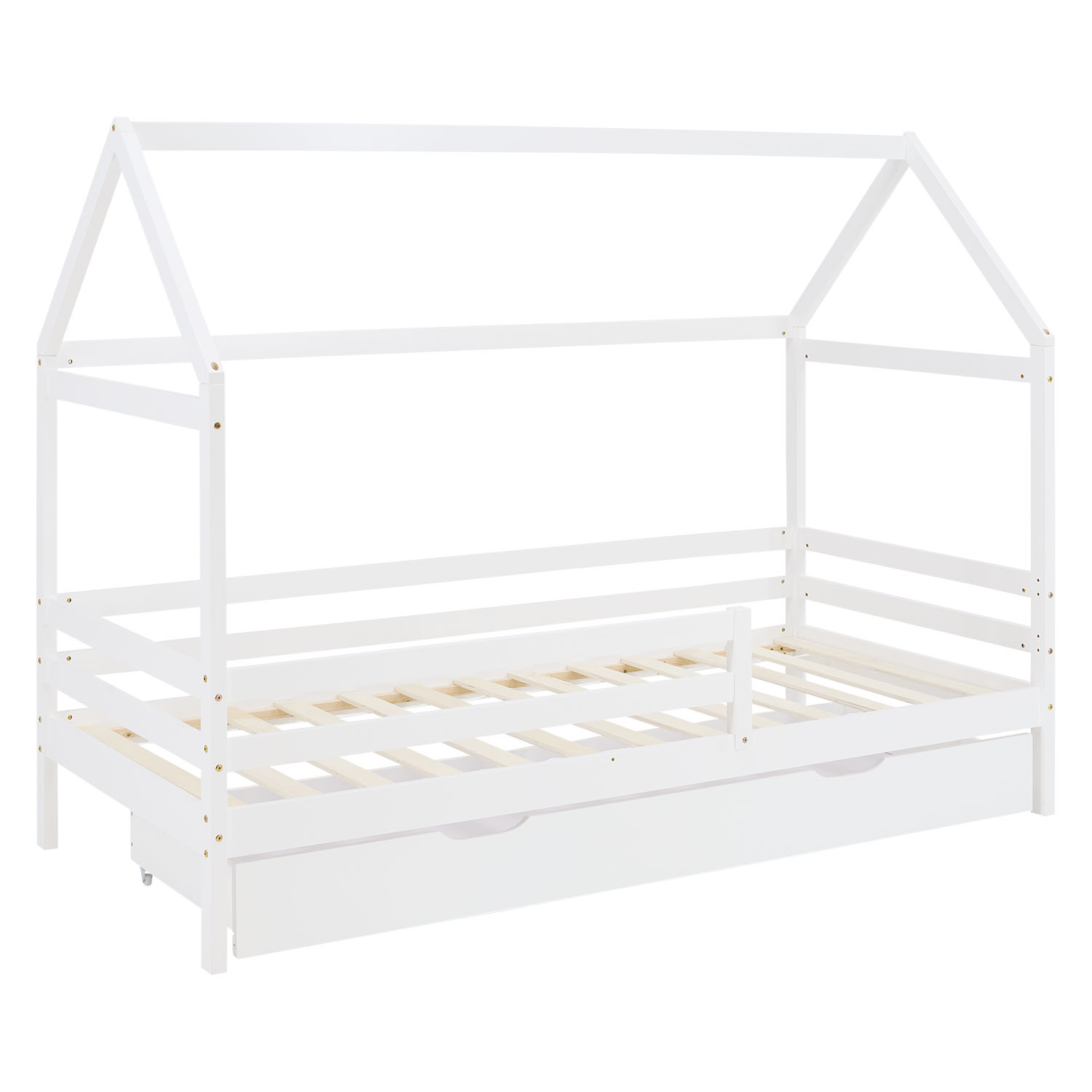 Children's Bed 90x200 cm White | House Bed with Fall Protection and Bed Drawer | Montessori | Single Bed | with Slatted Frame | Wood