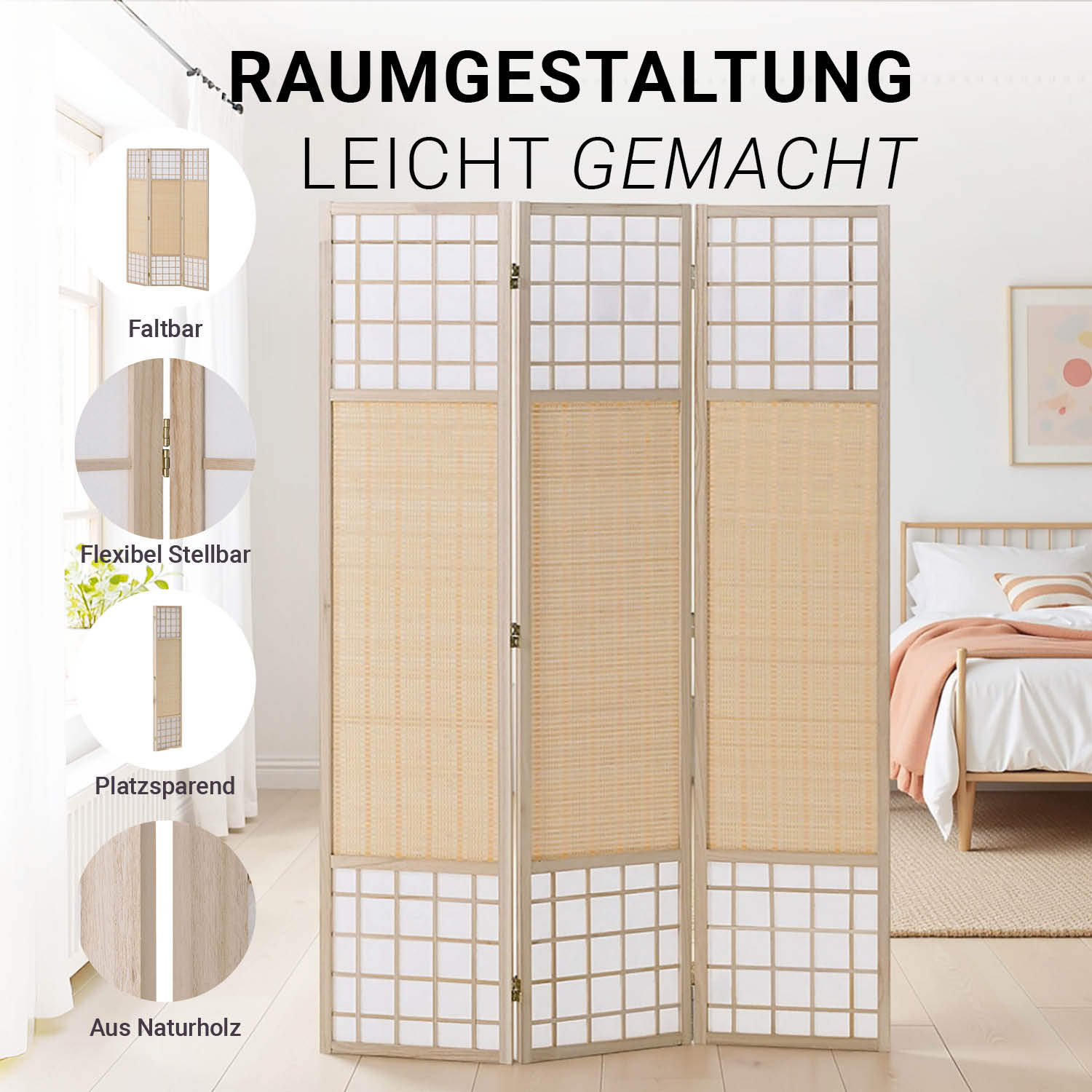 Paravent Natural Bamboo Slats | 3-panel | Wood | Shoji Room Divider | Partition Privacy Screen
