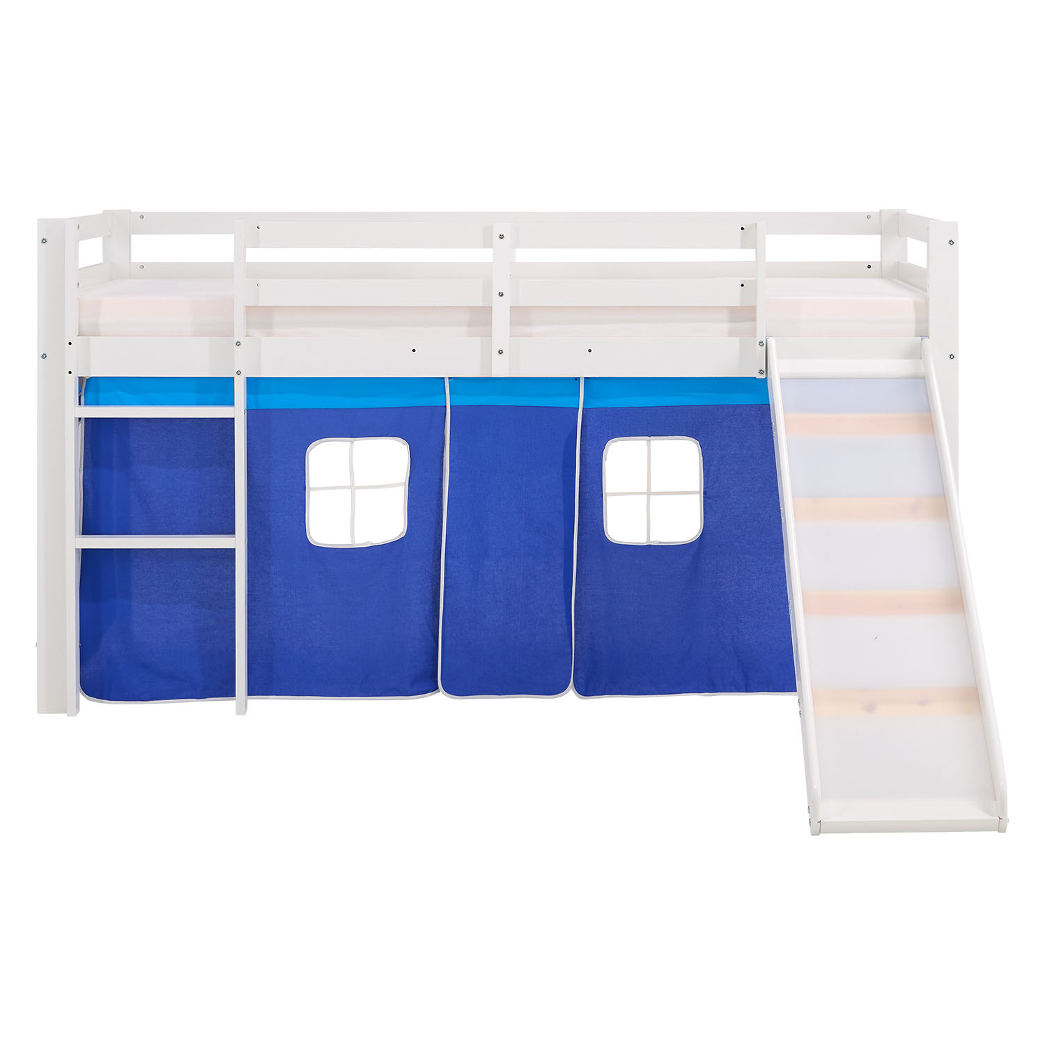 Children's Loft Bed 90x200 cm White with Blue Curtain | Slide | Includes Slatted Base | Includes Mattress