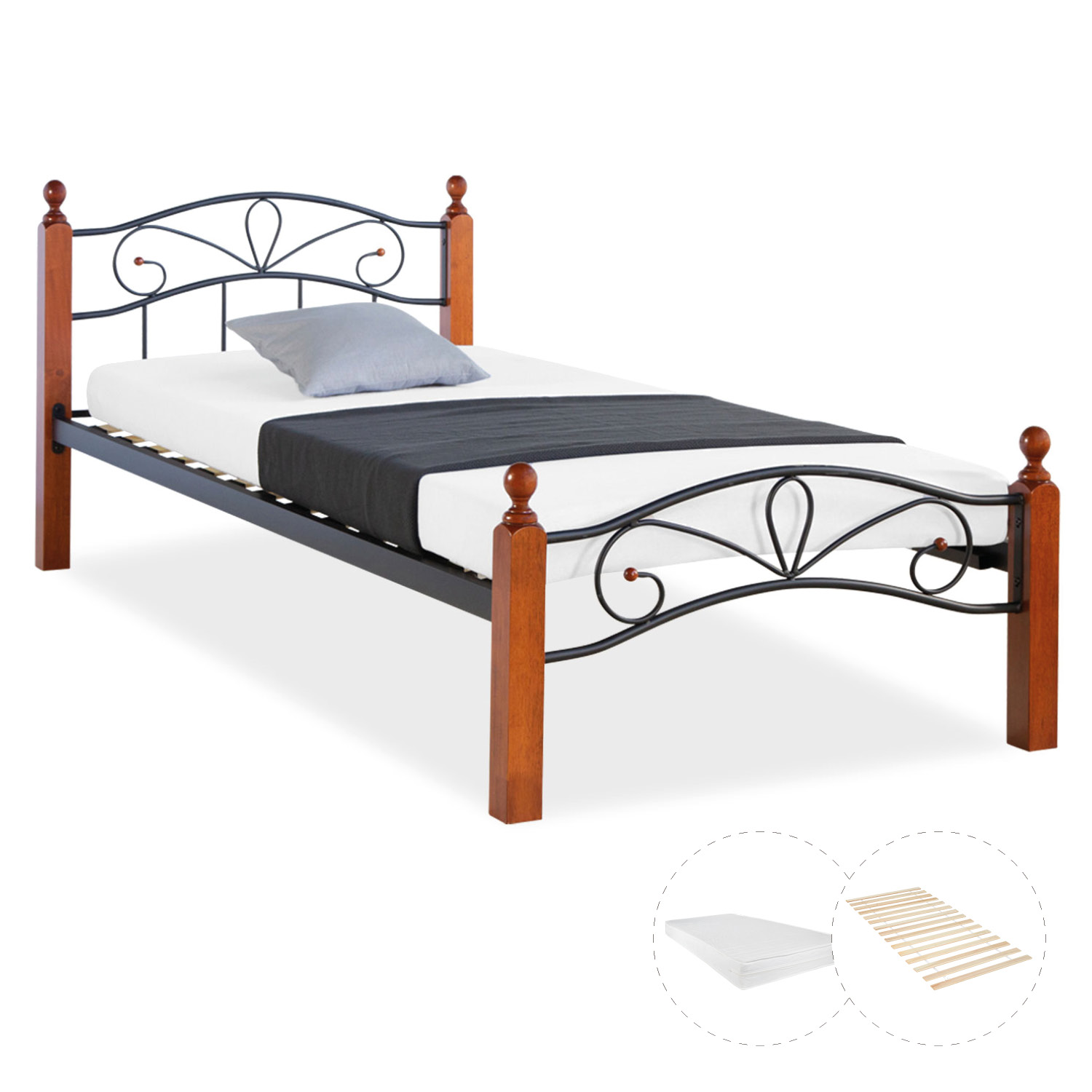 Metal Bed with Mattress Slatted Frame 90x200 cm Bedstead Black Brown Wood Single Daybed