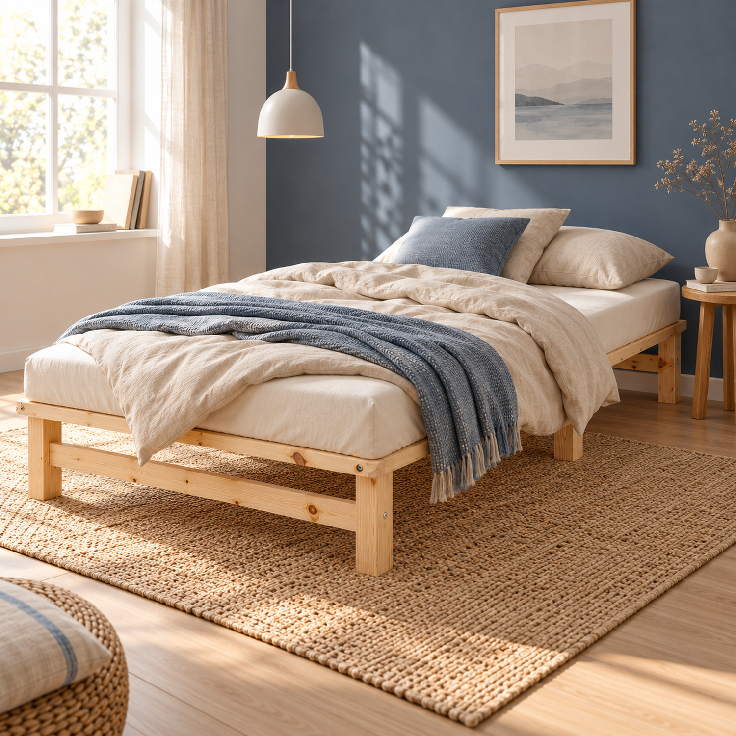 100x200 cm Natural Pallet Bed – Wooden Single Bed with Mattress & Slatted Base for Teen Rooms, Guest Rooms, and Bedrooms