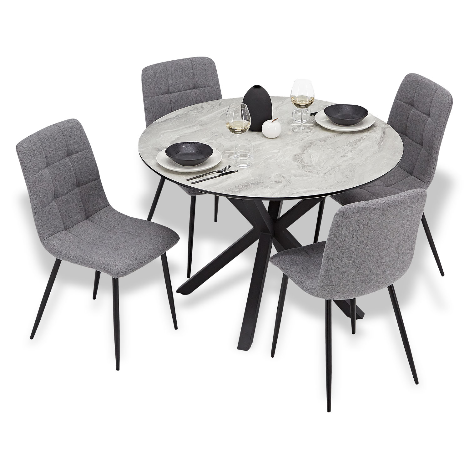 Dining set | 4-piece set upholstered chairs grey | dining table grey black metal frame round 110 cm