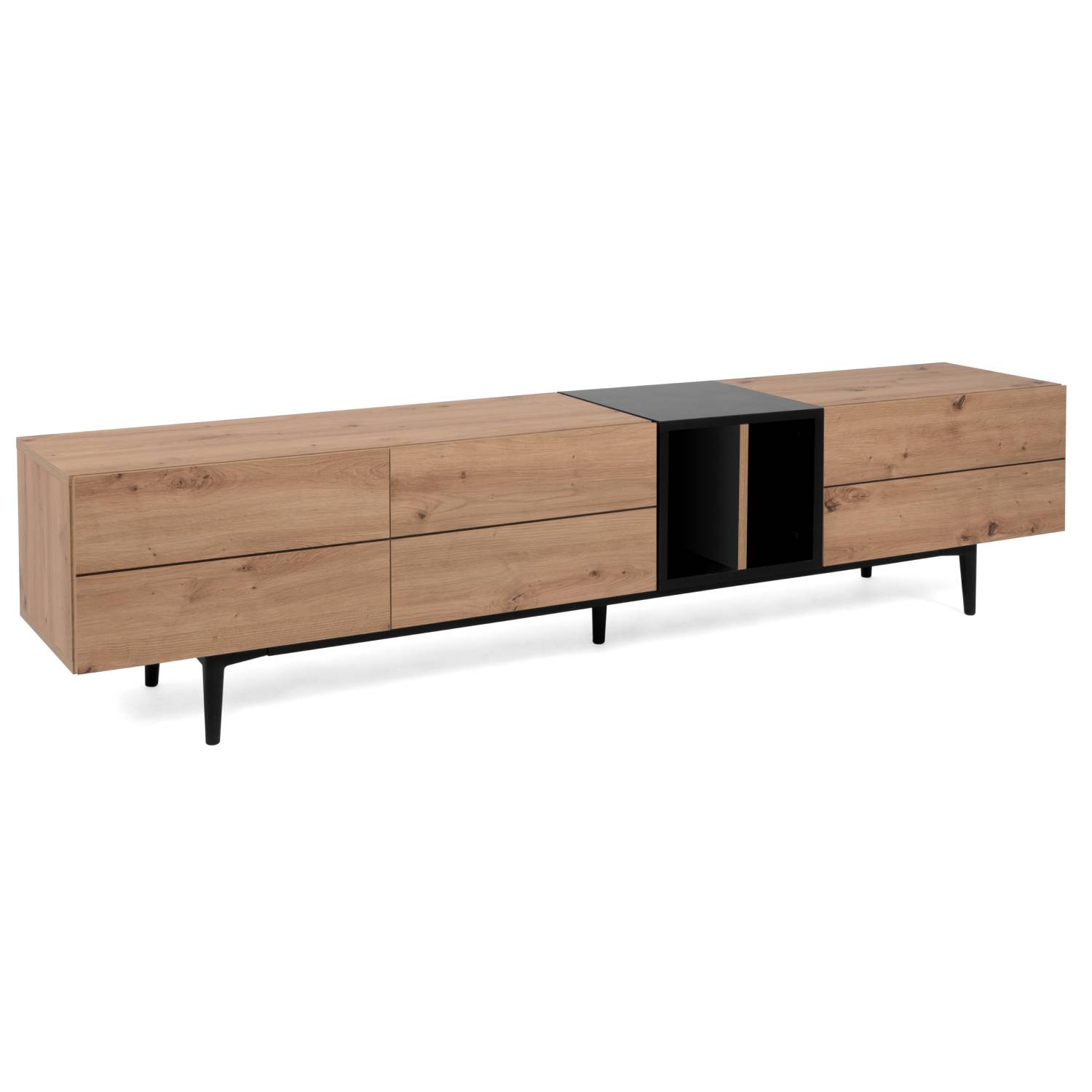 TV-Lowboard in Schwarz und Naturholzfarbe mit Holzelementen. In der eingerichteten Szene sind ein Fernseher, grüne Pflanzen und ein heller Teppich zu sehen.