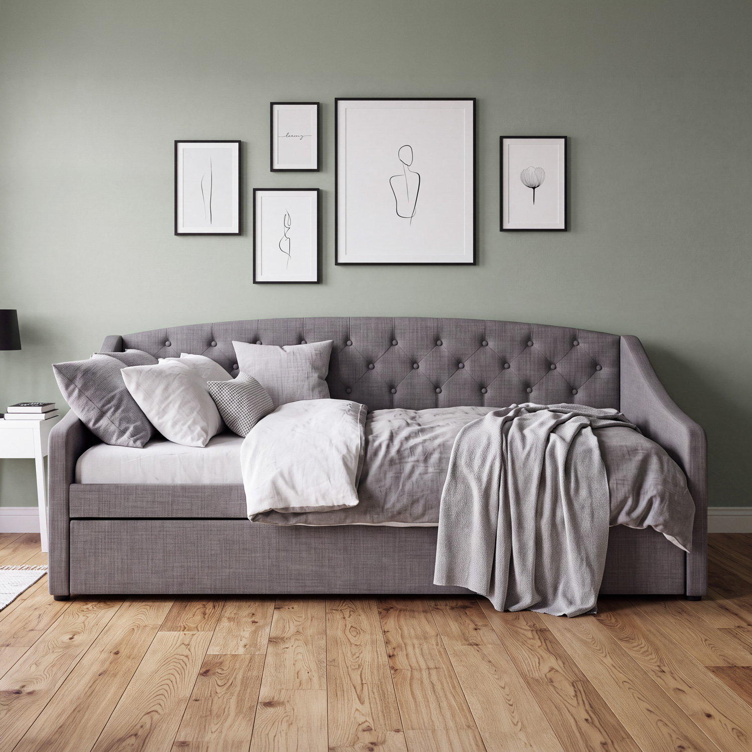 Upholstered Bed 90x200 cm Gray with Storage – Daybed & Pull-Out Guest Bed