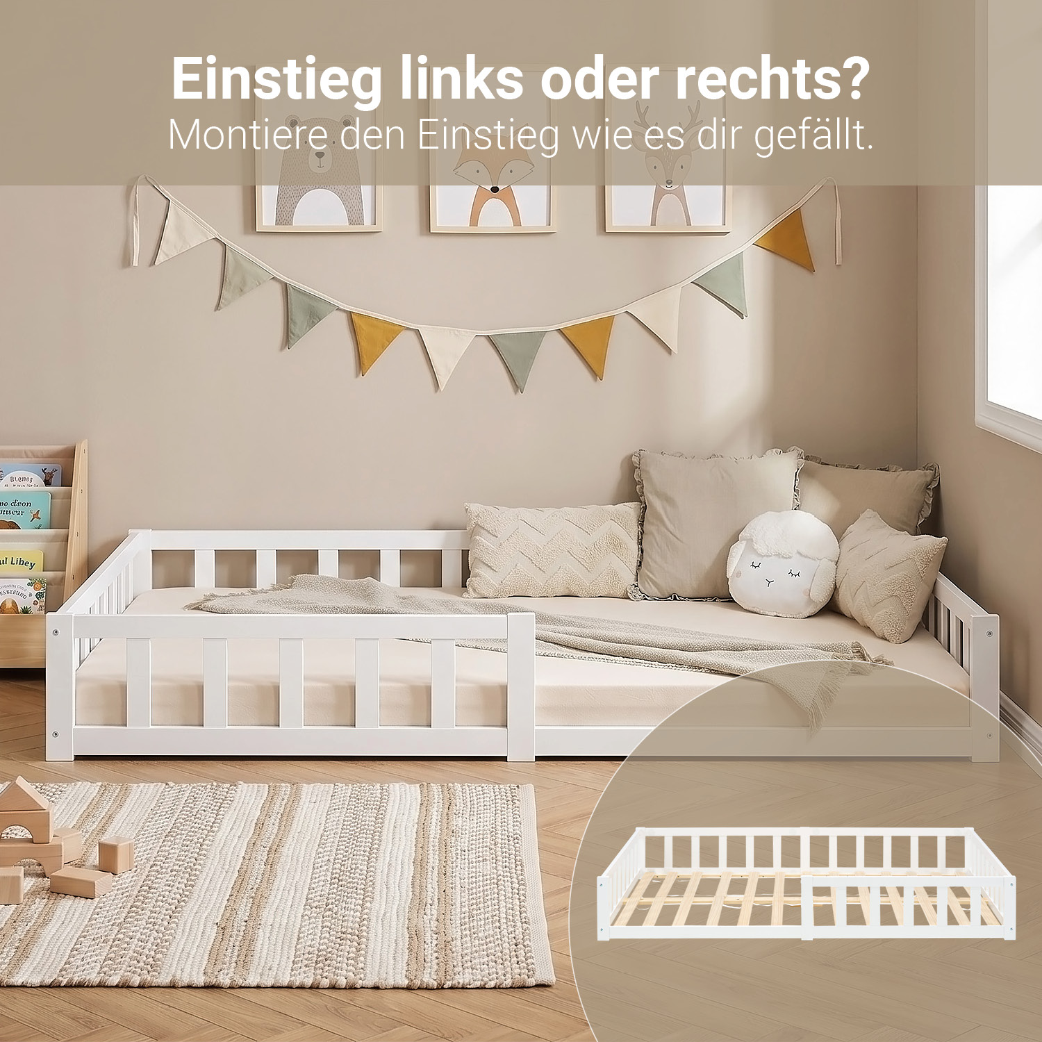 Montessori Crib 120x200 cm White with Safety Rail & Slatted Base – Solid Wood Crib