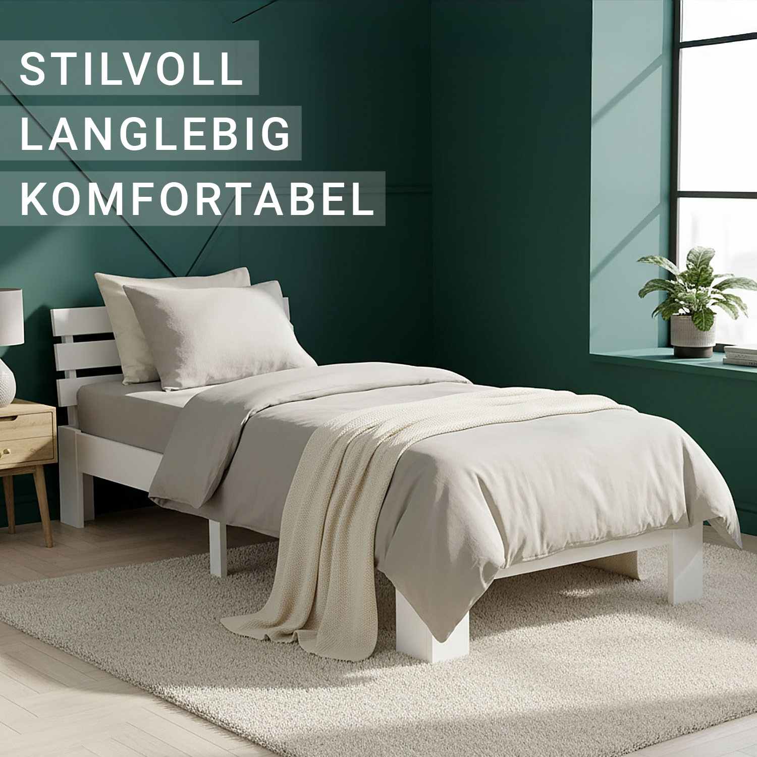 Wood Bed 90x200 cm White | Single Bed | with Spring Mattress | Solid | Youth Guest Bedroom