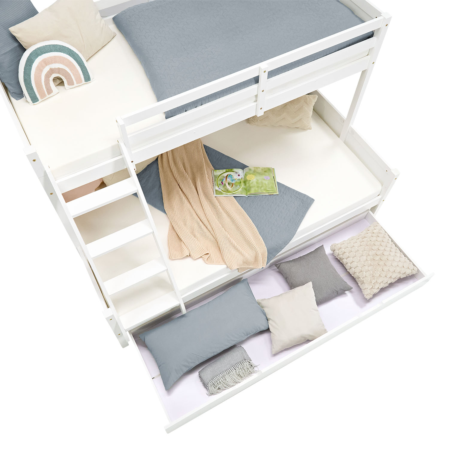 Bunk Bed with 2 Mattresses Kids Bed 90x200 and 140x200 cm White Wood Cabin Bed High Sleeper Bed Loft Bed Childrens Bed Twin Bed Drawer