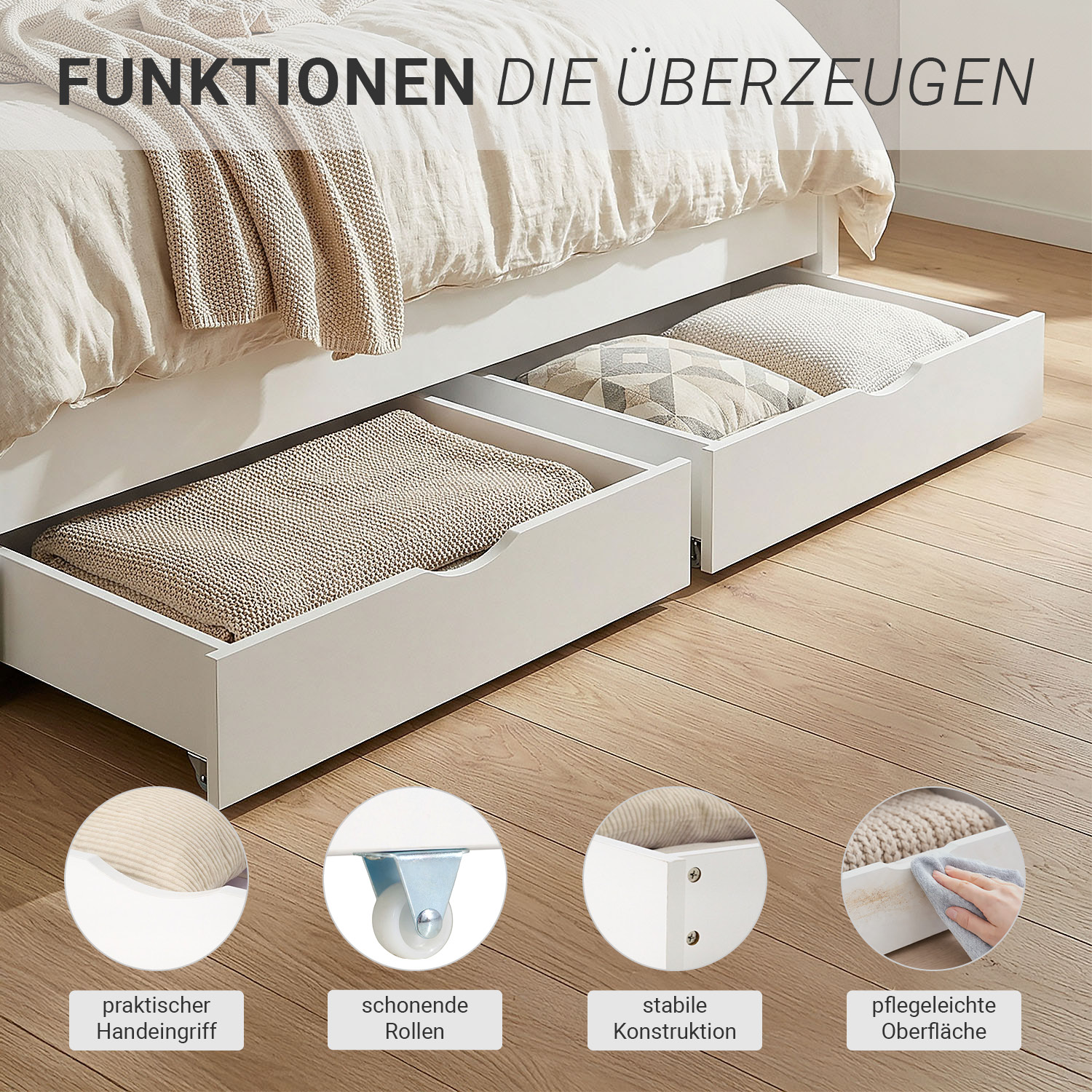 Wood Bed 140x200 cm White | Double Bed with Storage 2 Drawers | with Mattress | Solid | Kids Youth Guest Bedroom