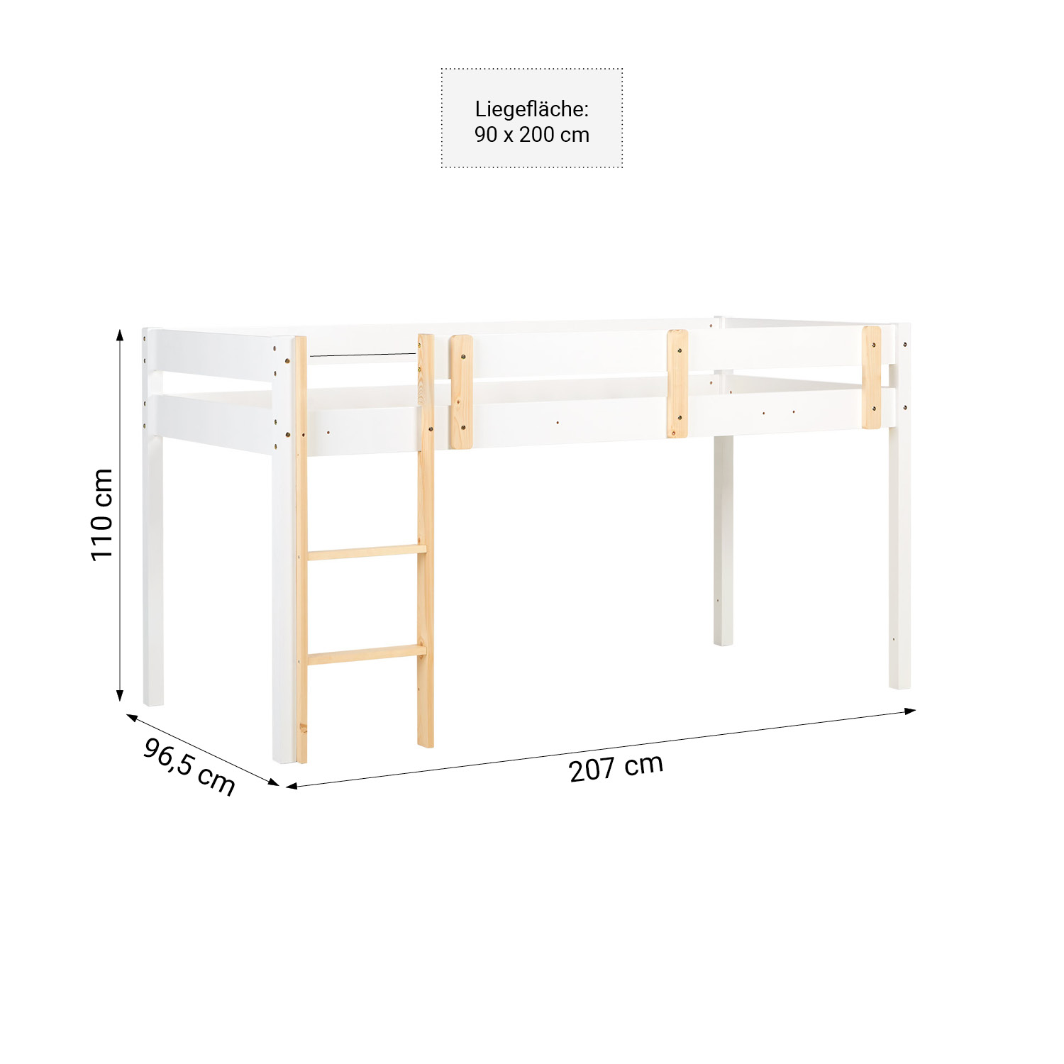 Loft Bed Kids 90x200 cm White | Ladder Natural | Fall Protection | with Slatted Frame