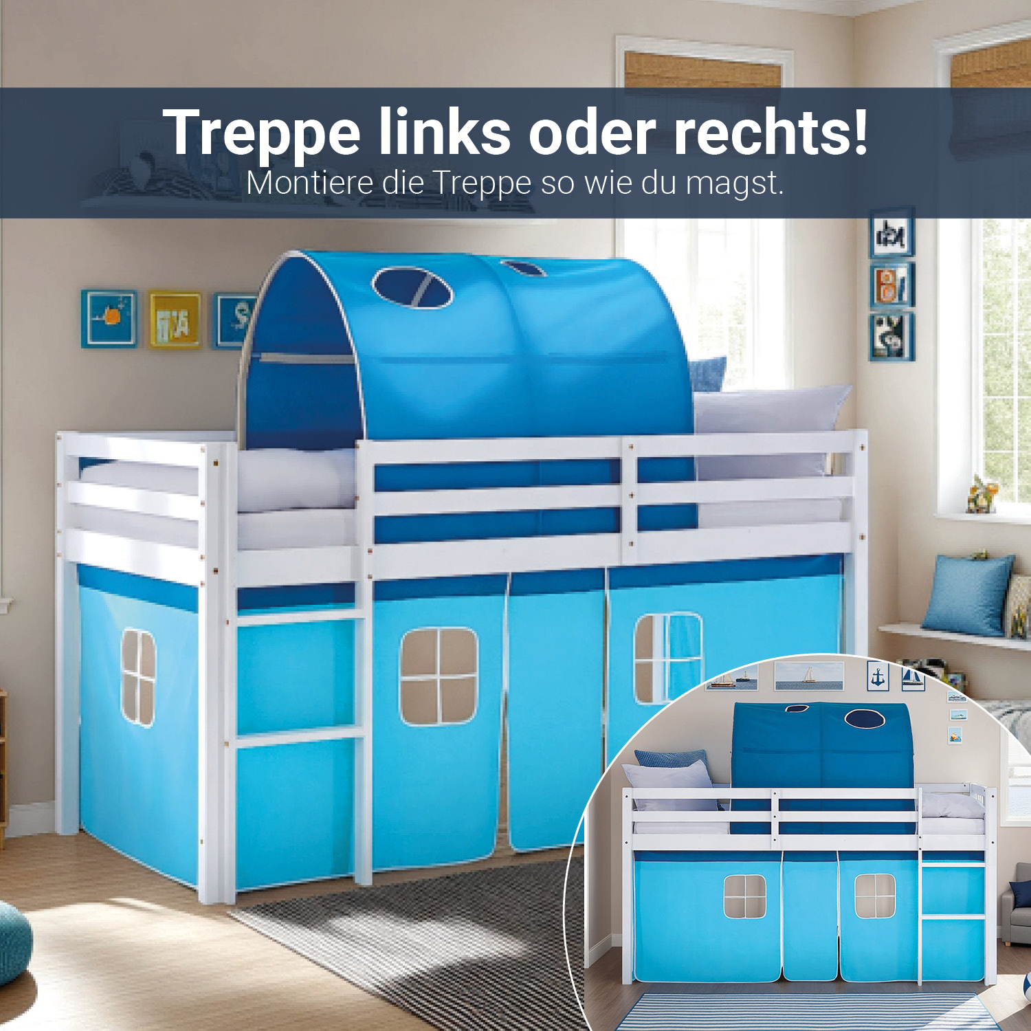 Loft Bed for Kids 90x200 cm White with Curtain in Blue | Tunnel | with Slatted Frame and Mattress