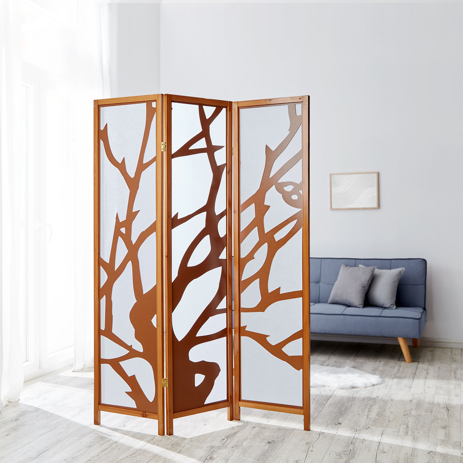 Paravent Brown Shoji Rice Paper White Tree | 3-panel | Wood | Room Divider Partition Privacy Screen