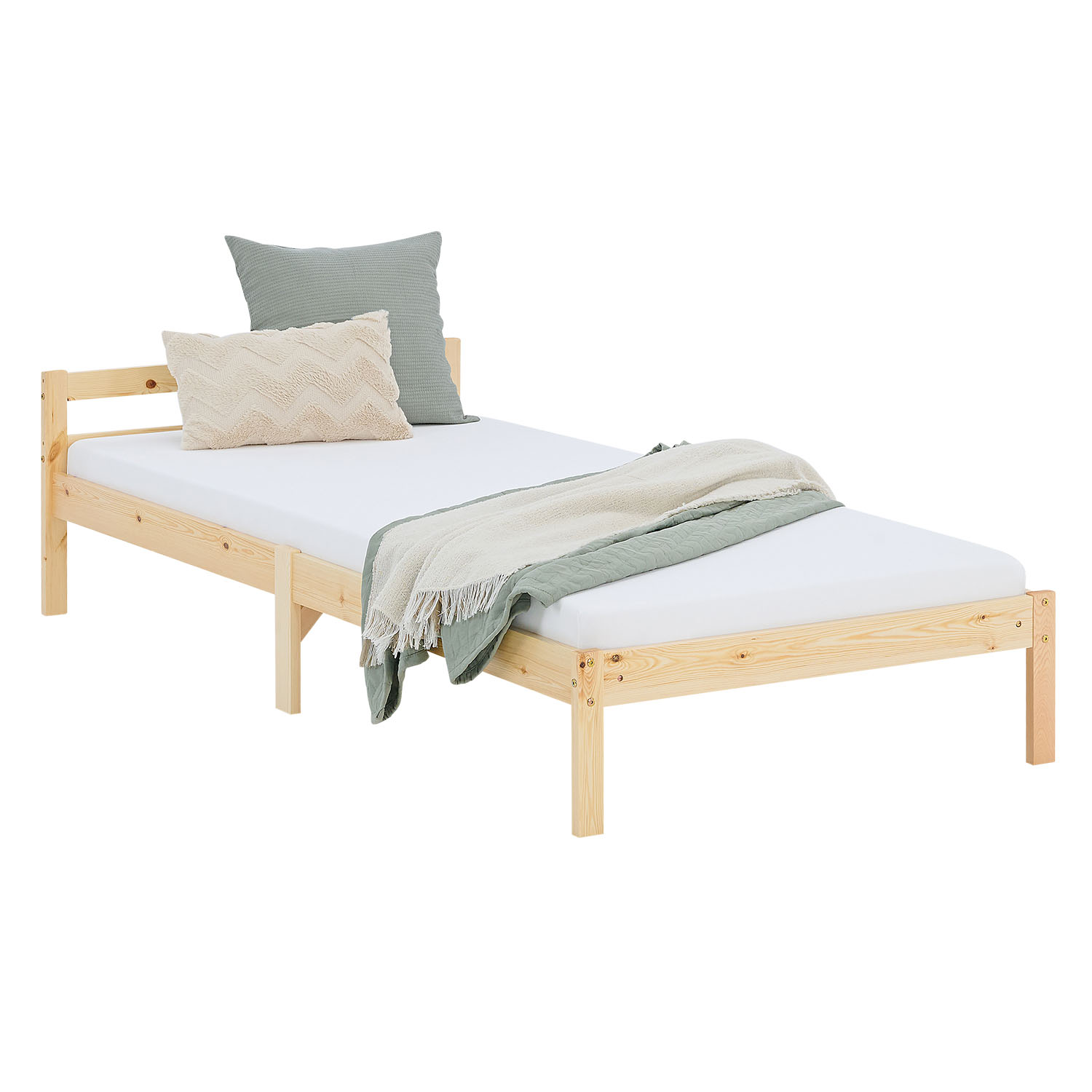 Wooden Bed 90x200 cm Natural – Solid Wood Single Bed with Slatted Base for Teenagers' Rooms, Guest Rooms, and Bedrooms