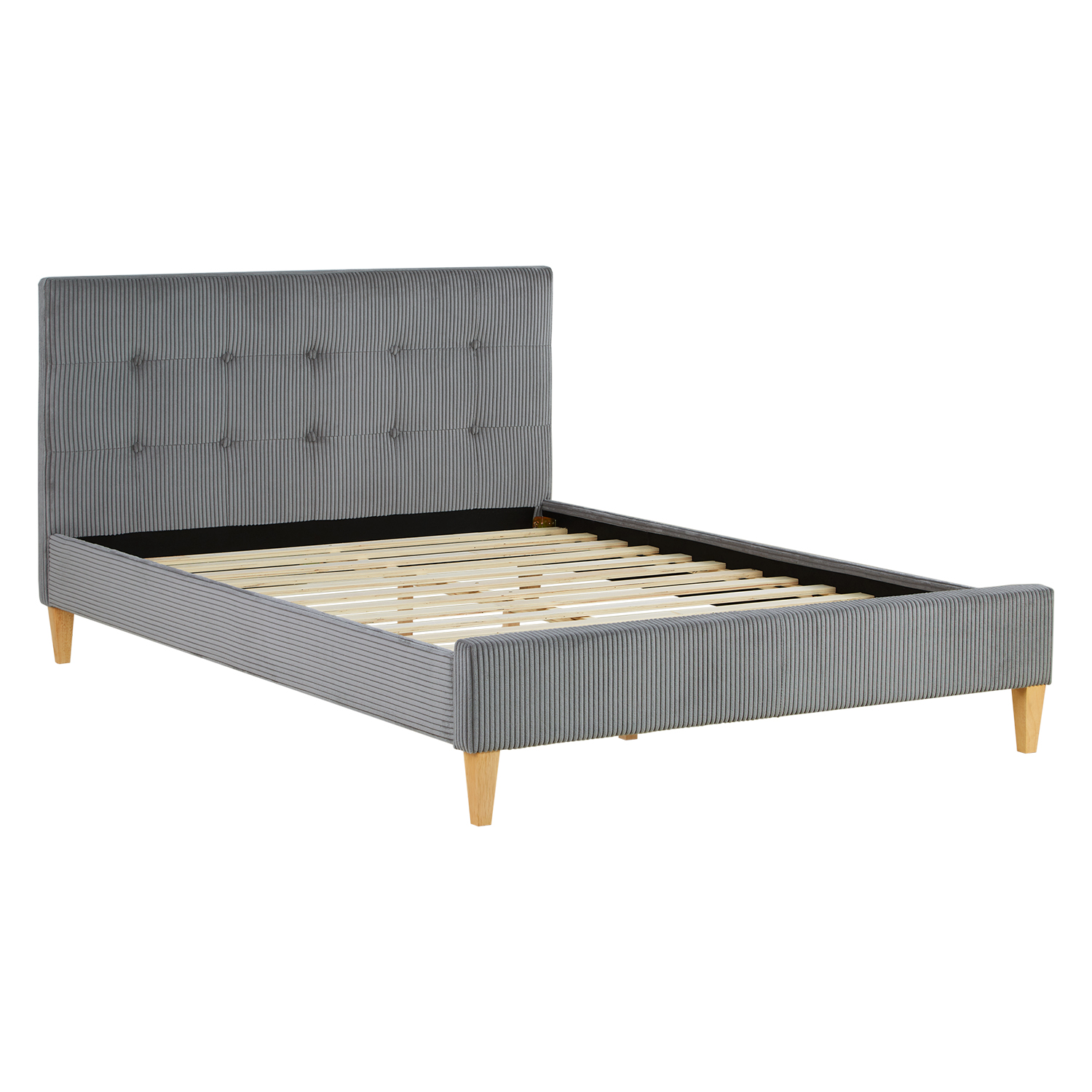 Small Double Bed 140x200 cm with Mattress Upholstered Bed Grey Cord with Slatted Frame Fabric Bed Frame