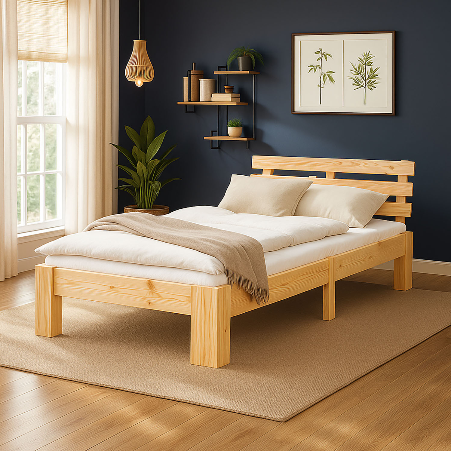 Wood Bed 90x200 cm Natural | Single Bed | with Mattress | Solid | Kids Youth Guest Bedroom
