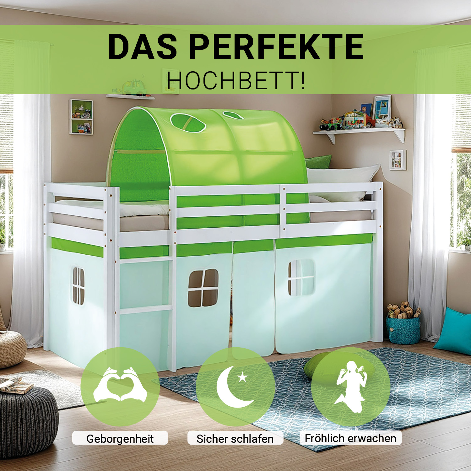 Loft Bed for Kids 90x200 cm White with Curtain in Green | Tunnel | without Slatted Frame