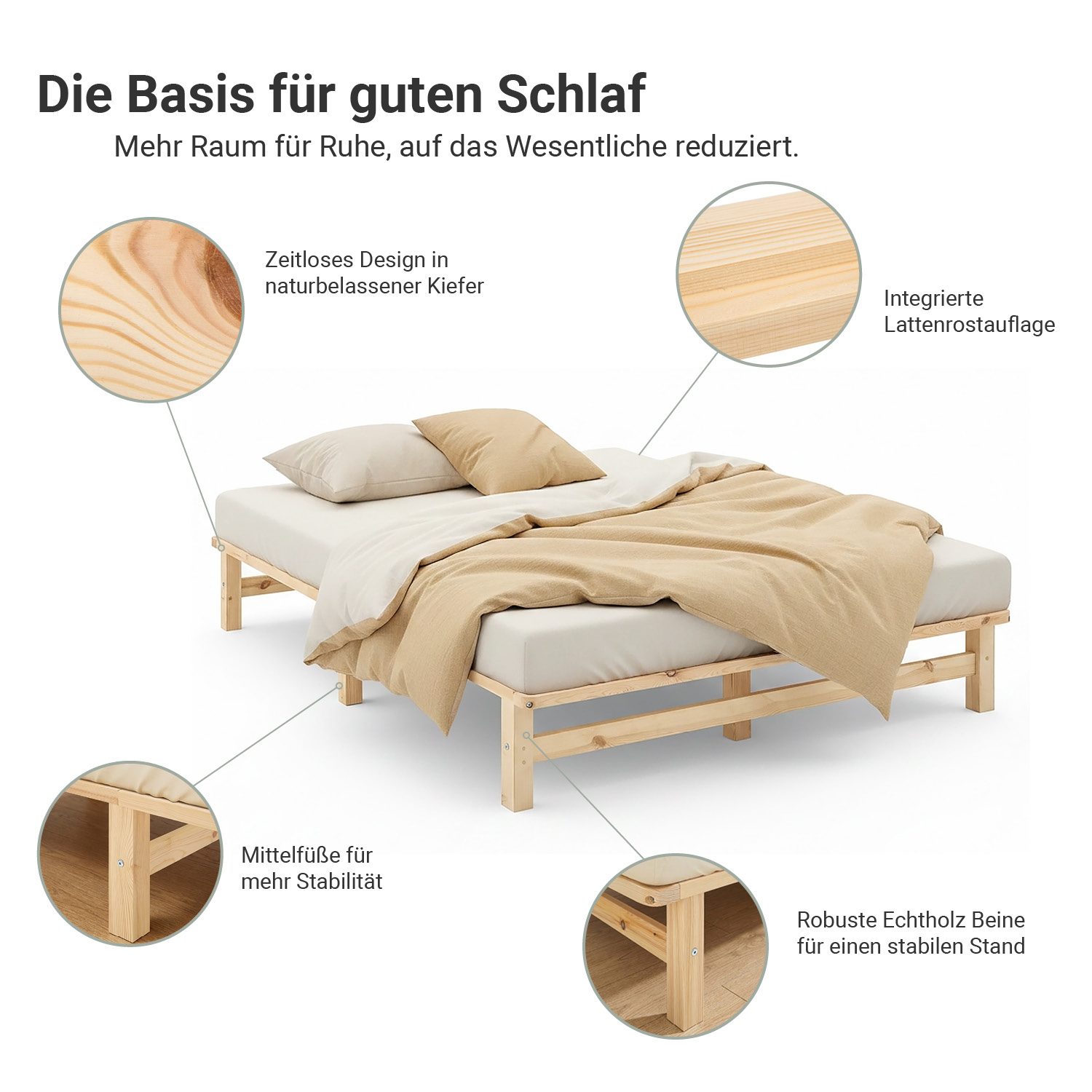 140x200 cm Natural Pallet Bed – Wooden Double Bed with Mattress & Slatted Base for Teen Rooms, Guest Rooms, and Bedrooms