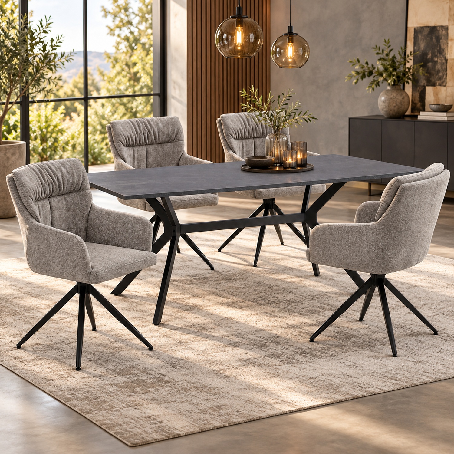 5-piece dining set: swivel upholstered chairs in gray with armrests & anthracite dining table (180 x 90 cm) with metal frame
