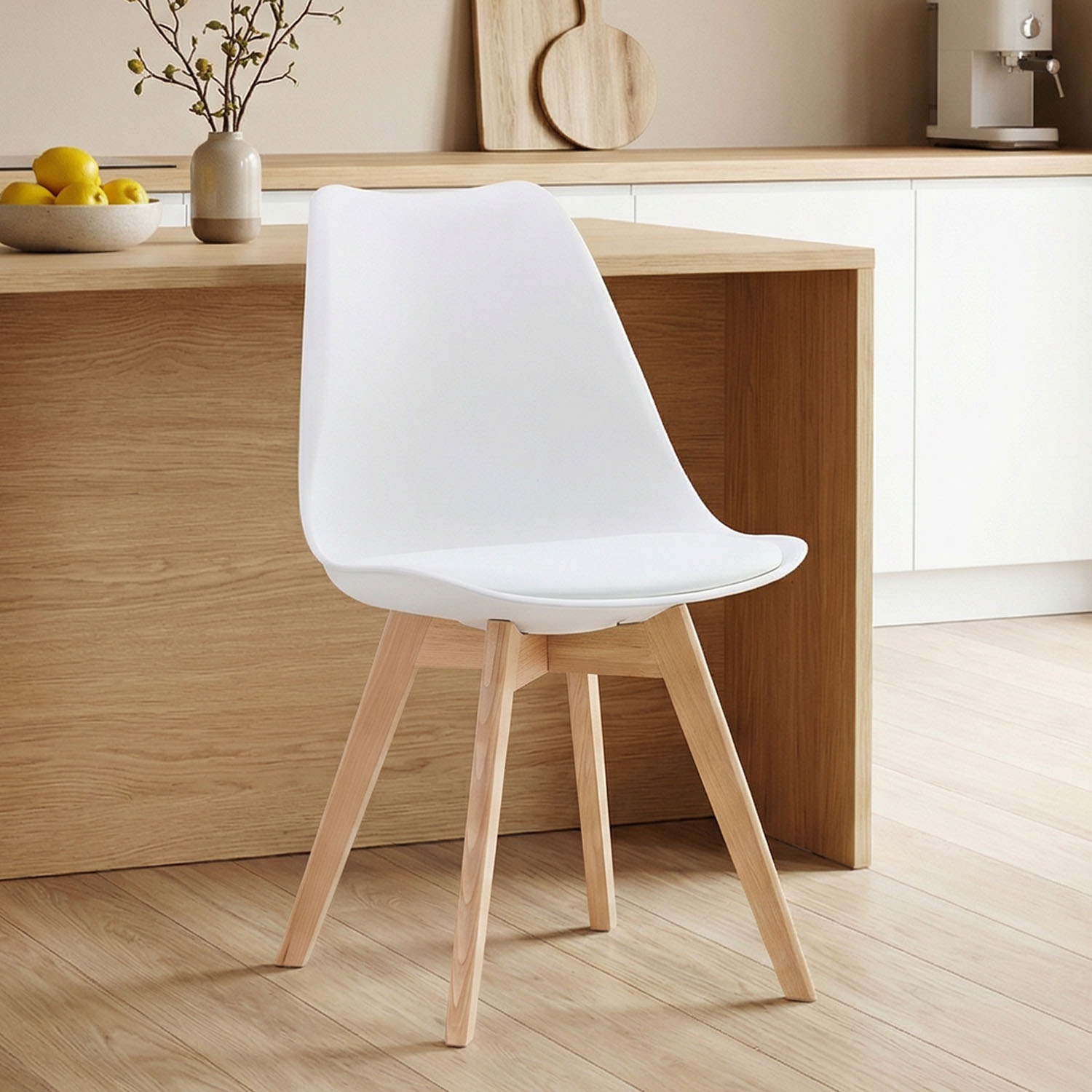 6 White Dining Chairs – Modern Plastic Design Chair with Wooden Legs | Set of 6 Contemporary Kitchen & Dining Chairs
