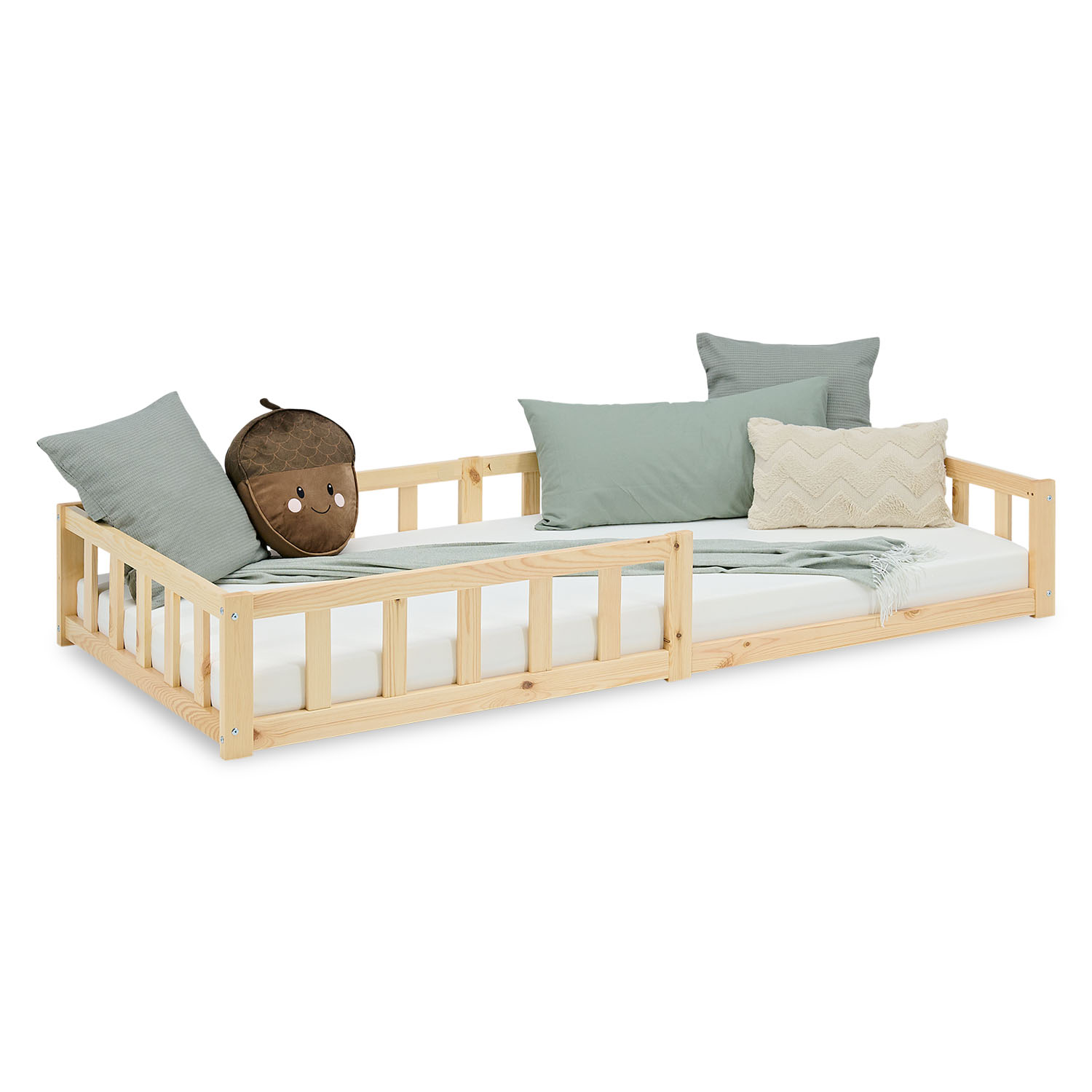 Children's Bed 90x200 Natural | Floor Bed with Mattress & Slatted Frame | with Fall Protection | Montessori