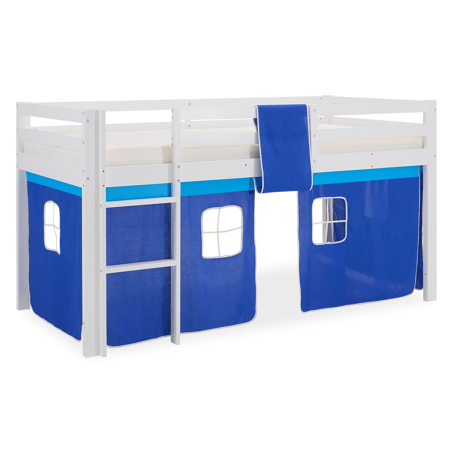 Children's loft bed, 90x200 cm, white with blue curtain | without slatted frame