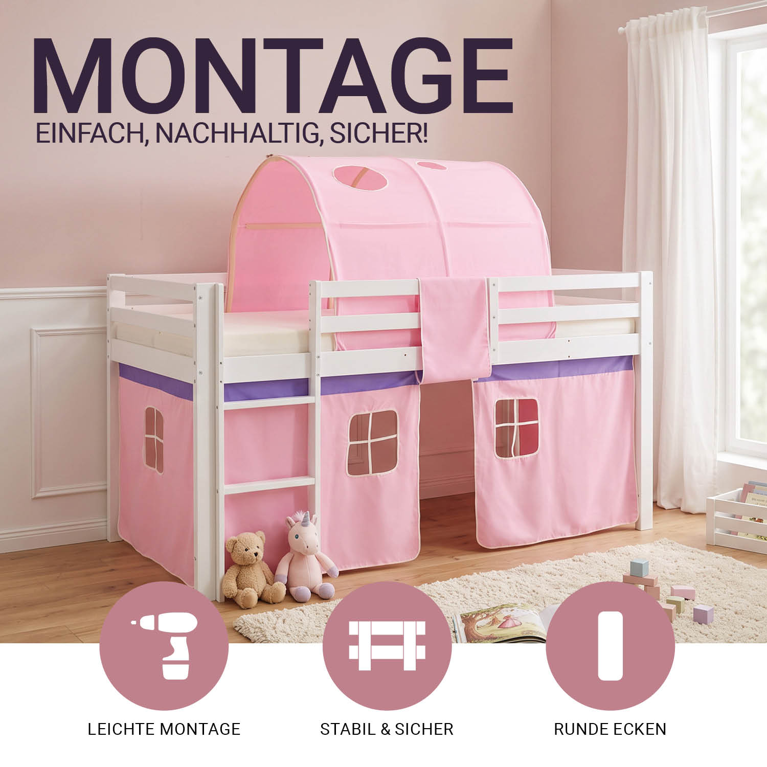 Children's Loft Bed 90x200 cm White with Pink Curtain | Tunnel | Without Slatted Base