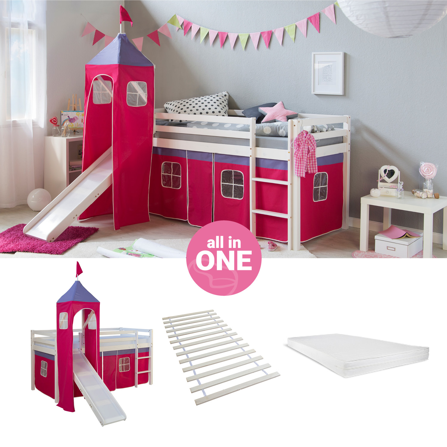 Loftbed 90x200 cm with Tower Slide Mattress Bunk bed Childrens bed Solid Pine Wood Slats Curtain Pink