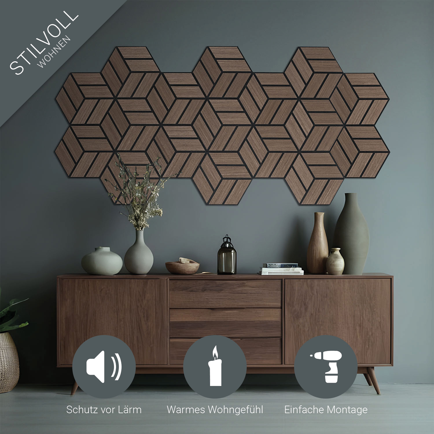 Acoustic Panels Wall Panels Hexagon Honeycomb 30 x 26 cm Brown Walnut | Wood | 4-piece Set | 3D Akustikpaneele Holz 30 x 26 cm Braun Grau Natur Paneele Hexagon Wandpaneele 3D Wandpaneel Wandverkleidung Dekorpaneel