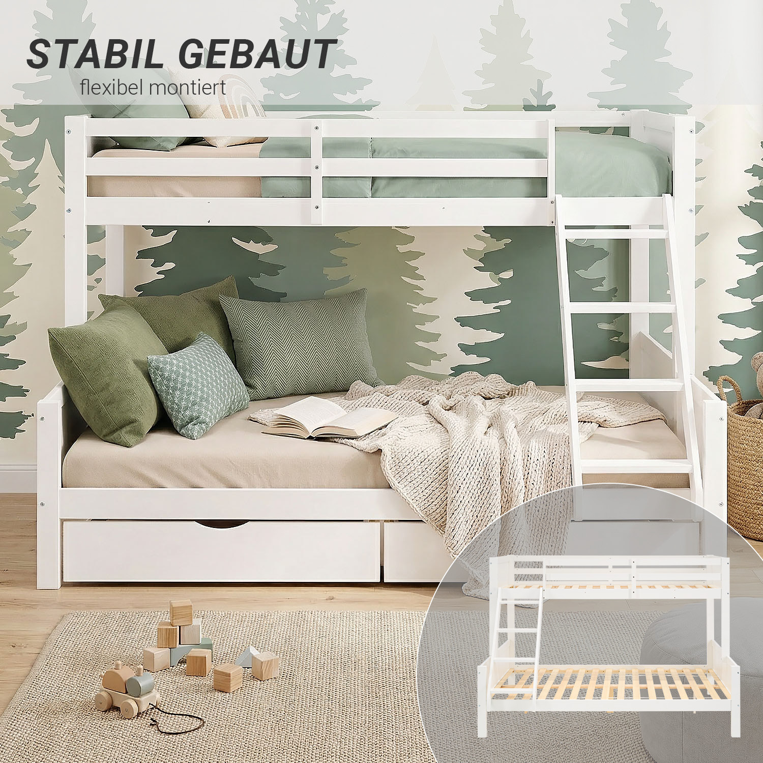 White Wooden Bunk Bed for Kids & Teens, 90x200 cm & 140x200 cm, with 2 Underbed Drawers and 2 Mattresses