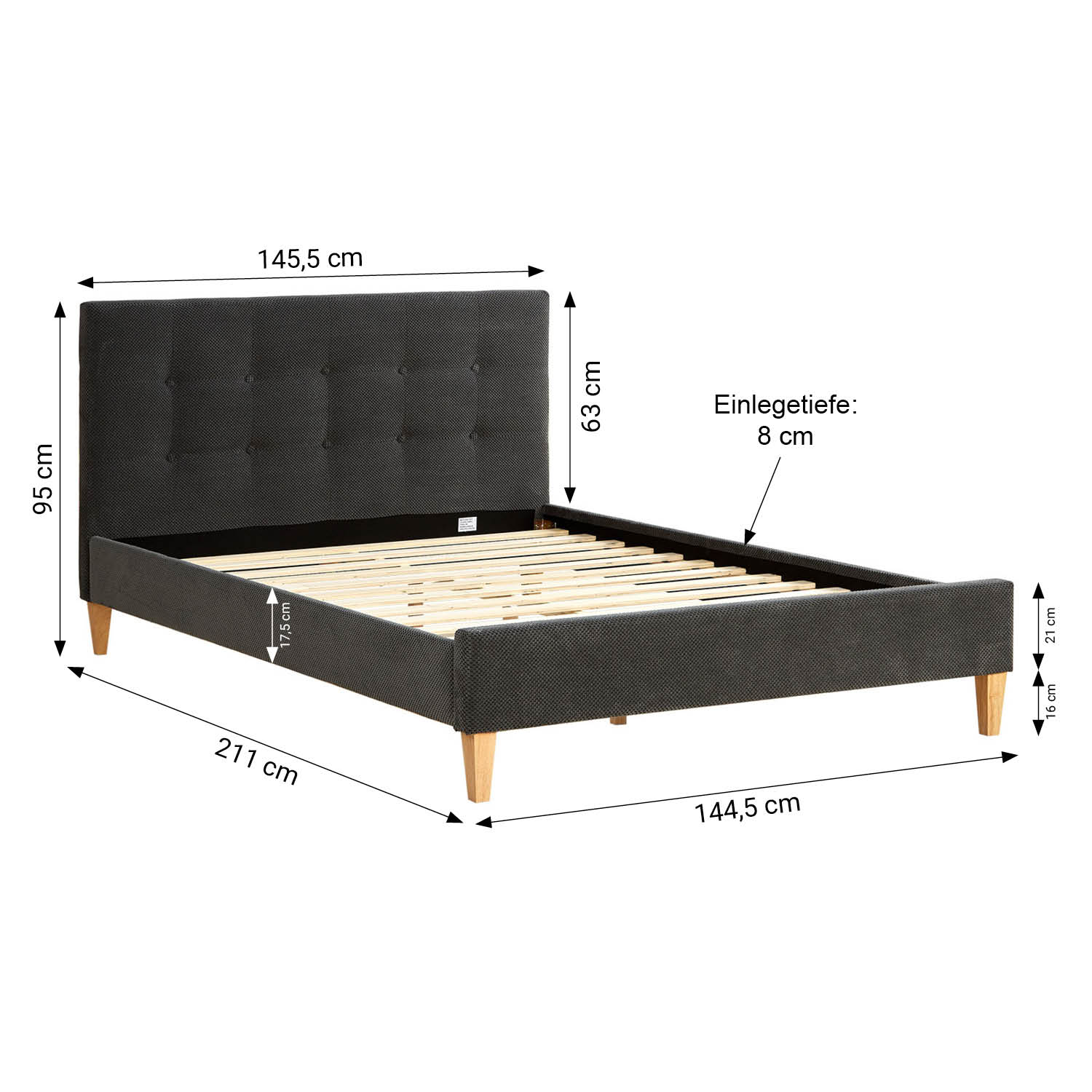Upholstered bed 140x200 cm grey anthracite velvet | with slatted frame | with mattress | double fabric bed frame