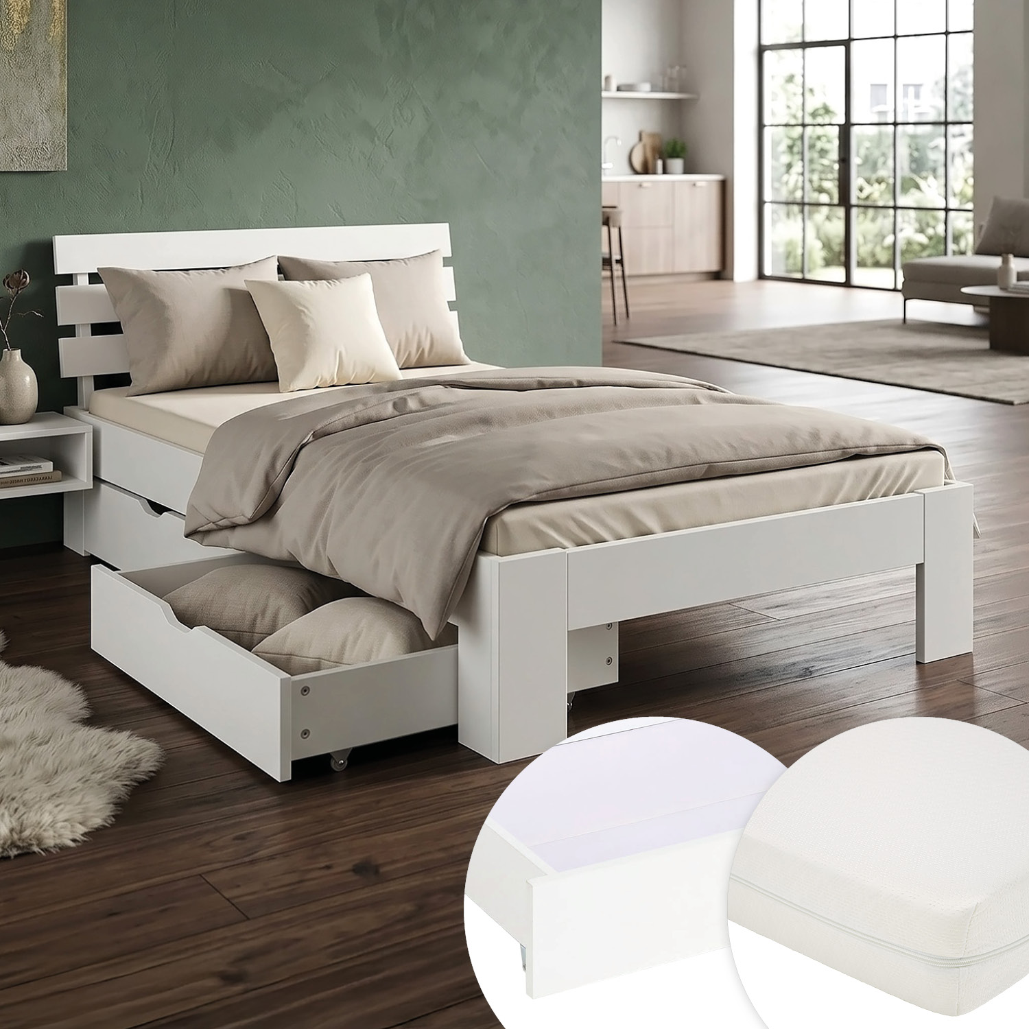 Wood Bed 90x200 cm White | Single Bed with Storage 2 Drawers | with Mattress | Solid | Kids Youth Guest Bedroom