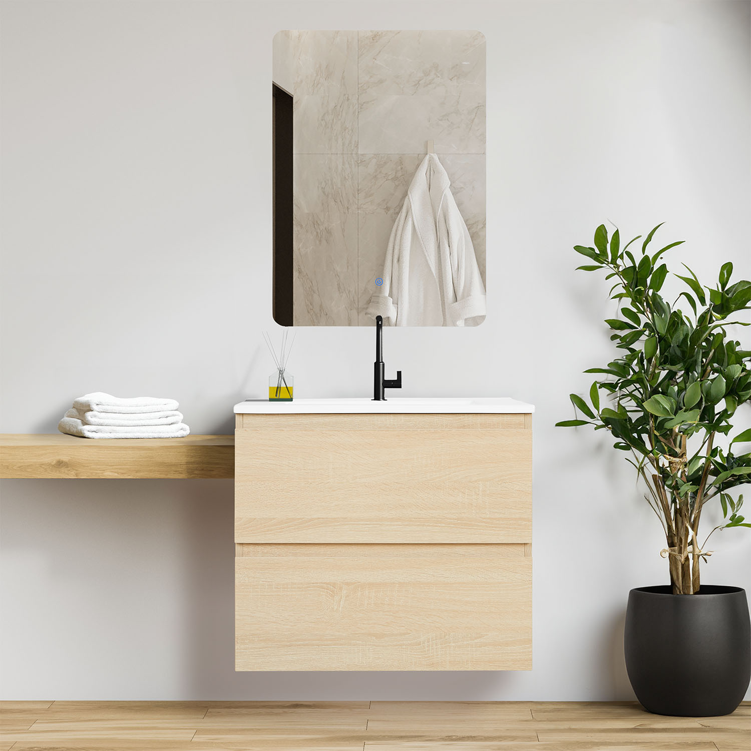 Bathroom mirror and cabinet 60 cm Natural Wood Oak Storage Vanity unit Bathroom furniture Sink unit Washroom wall cabinet 