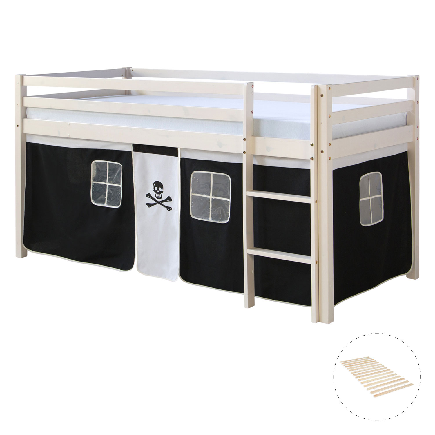 Loft Bed Kids 90x200 cm White with Curtain in Black | with Slatted Frame