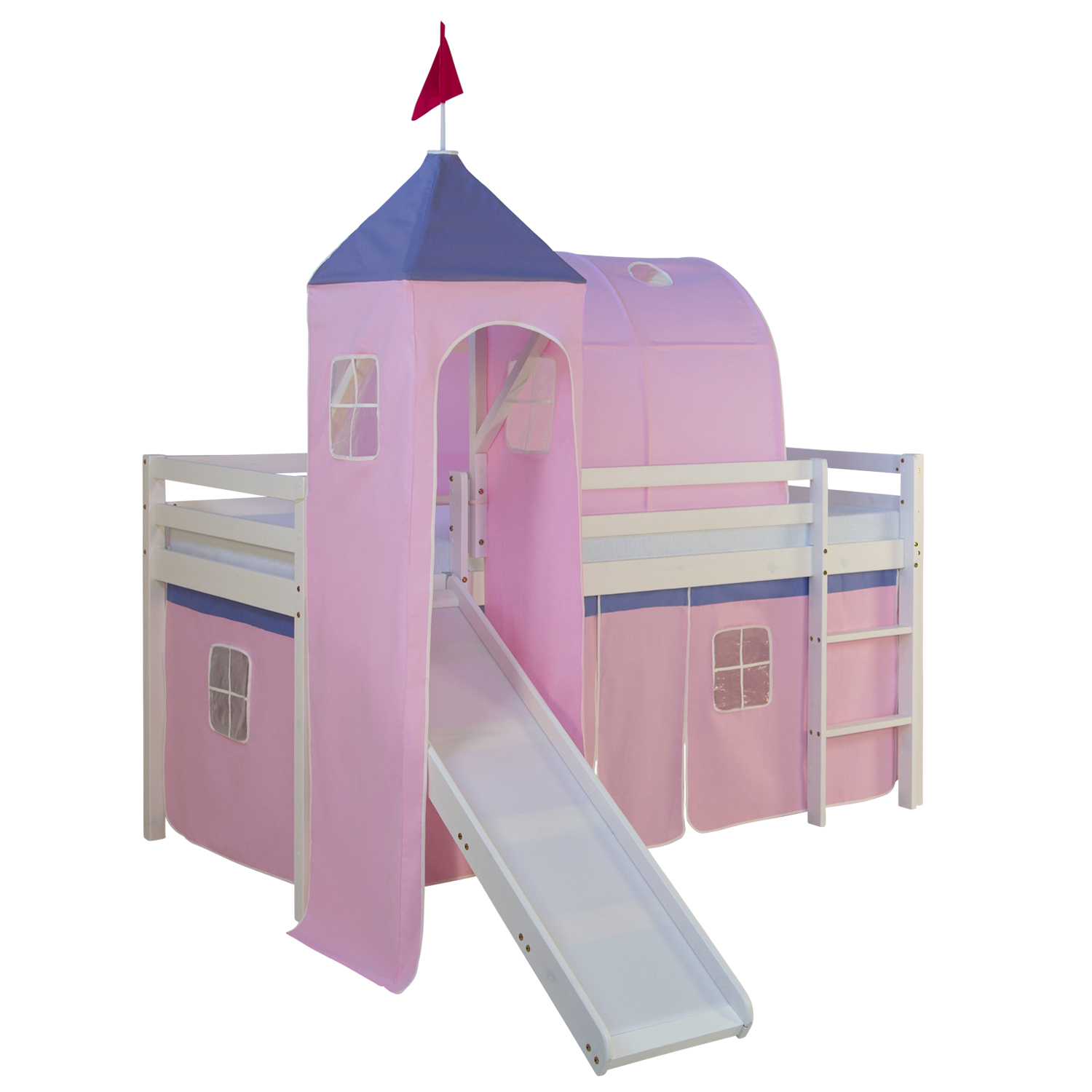 Loftbed 90x200 cm with Tower Tunnel Slide Mattress Bunk bed Childrens bed Solid Pine Wood Slats Curtain Pink Loft Bed Kids 90x200 cm White with Curtain Pink | Tunnel | Tower | Slide | without Slatted Frame